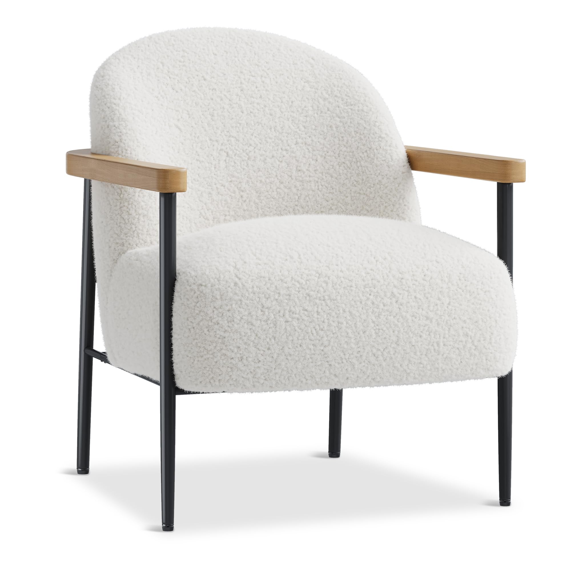 Mid-Century Accent Lounge Chair – White Soft Fabric Upholstery, Wood Arms, Metal Frame, Adjustable Feet, Comfy Seating – Leisure Armchair for Living Room, Bedroom, Reception – Color: White+Black