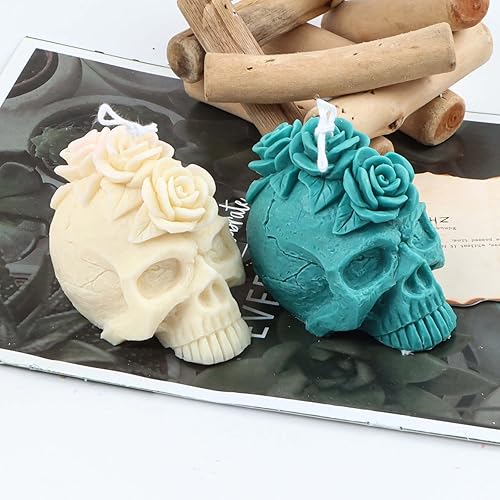 Miniatura 3 de Grainrain Molde de vela de silicona 3D con diseño de cráneo y rosa, molde de vela pilar decorado, moldes de silicona hechos a mano para hacer velas