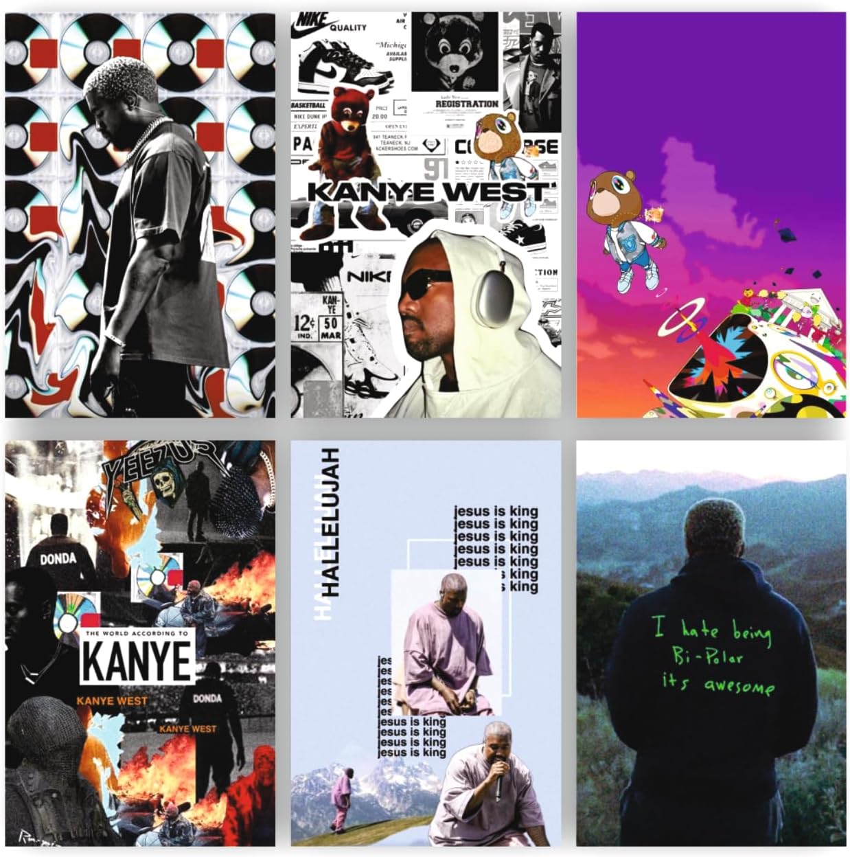 POSTER WALLAH Kanye West Poster for Home Office and Student Room Wall | Aesthetic Poster | Wall Decor (12x8 Inch) Set of 6 Pieces