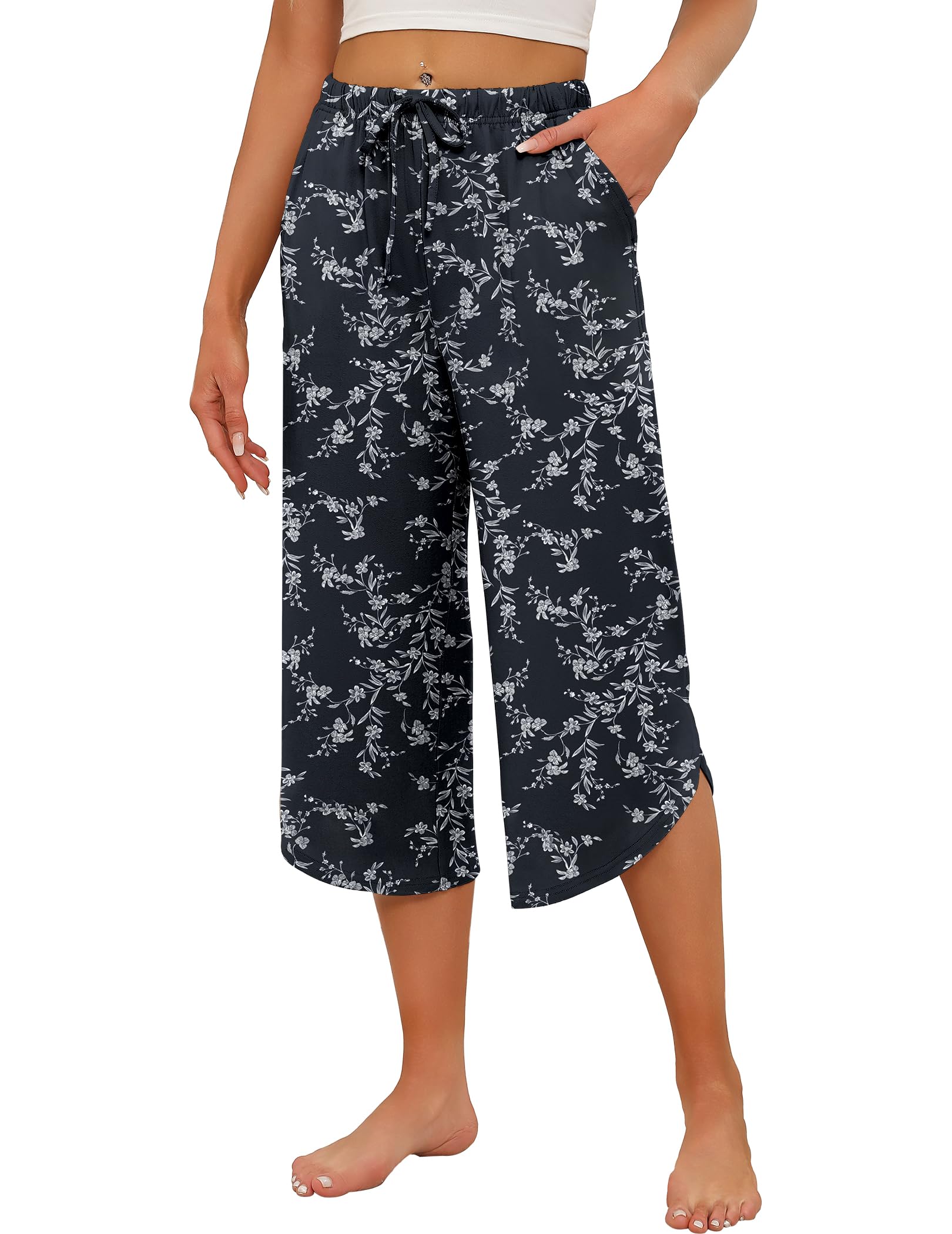 Ekouaer Womens Pajama Pants Capri 2026 Wide Leg Lounge Pj Pants Summer Comfy Drawstring Pajama Bottoms with Pockets