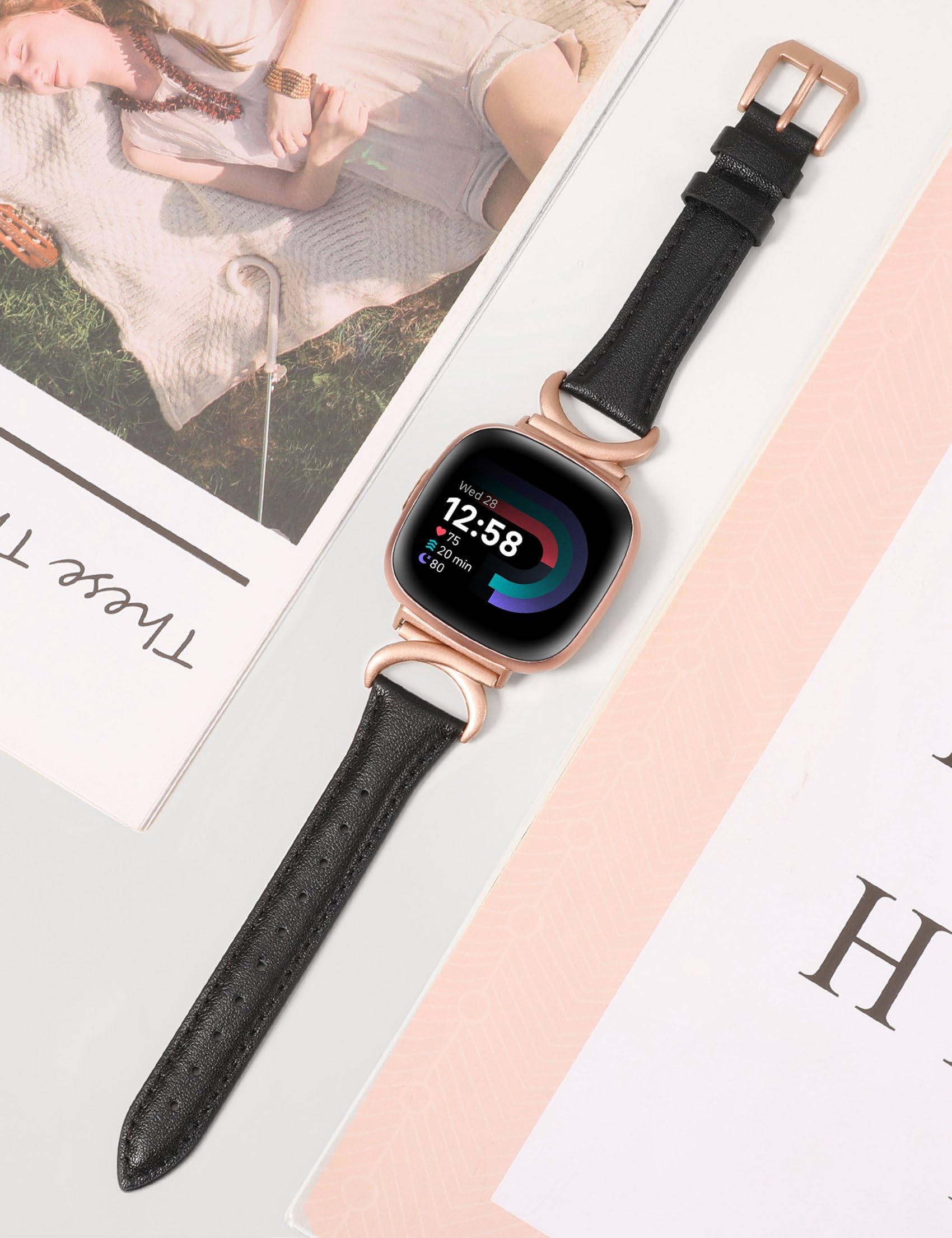 TOYOUTHS Leather Strap Compatible with Fitbit Versa 4/Versa 3/Sense 2 Women Slim Thin Dressy Elegant Premium Leather Strap with C-Shaped Metal Buckle for Versa 4 - Image 4