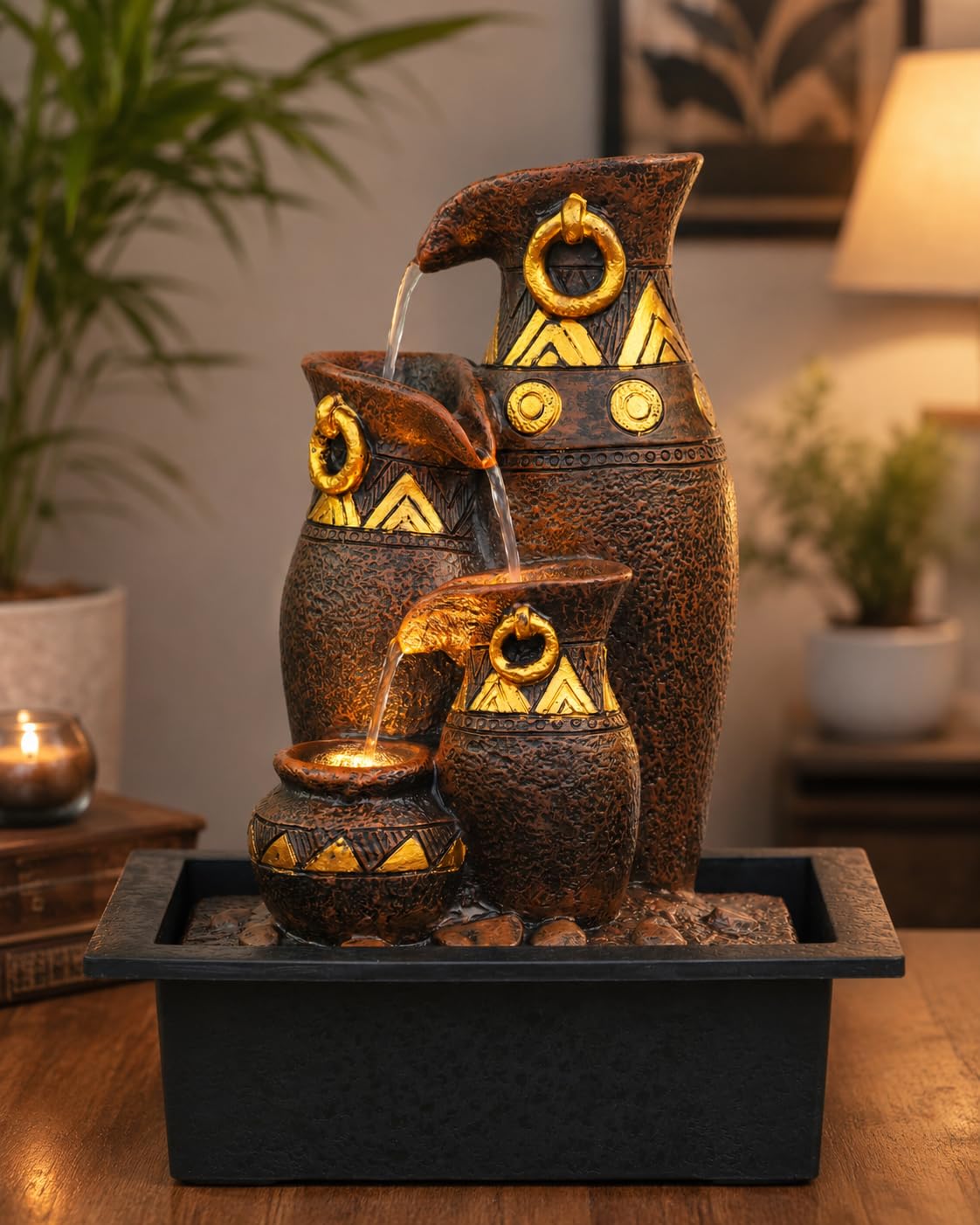 CHRONIKLE Polyresin Brown & Golden Designer Table Top Jug Style Indoor 3 Steps Home Decor Water Fountain with Yellow LED Light & Water Flow Controller Pump (Size: 40 x 29.5 x 22CM | Weight: 2095grm)-image-47