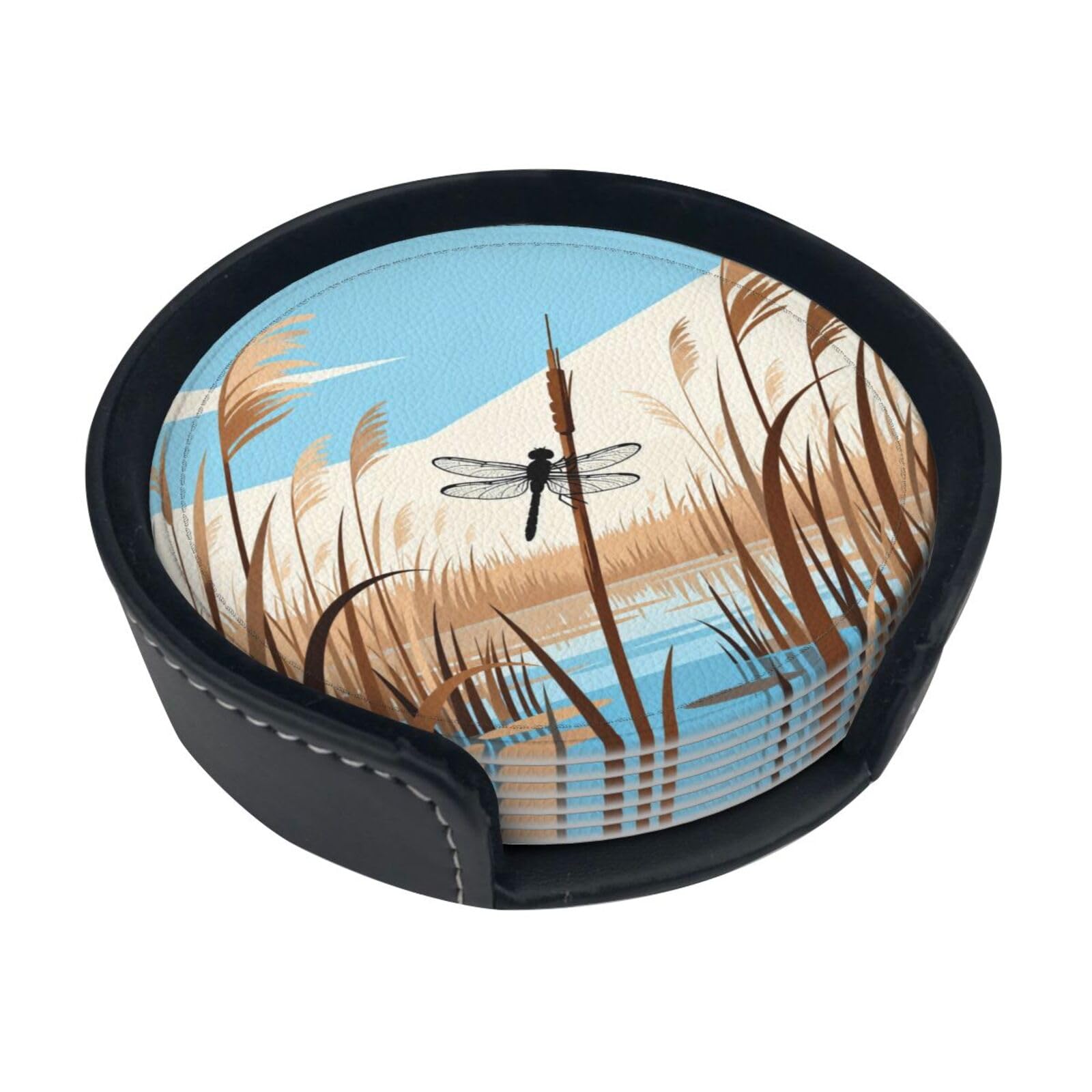 Cntdbu White Reeds Pond Leather Coasters Set Of 6-Pu Leather Drink Mats For Table, Heat Resistant Round Coasters With Holder