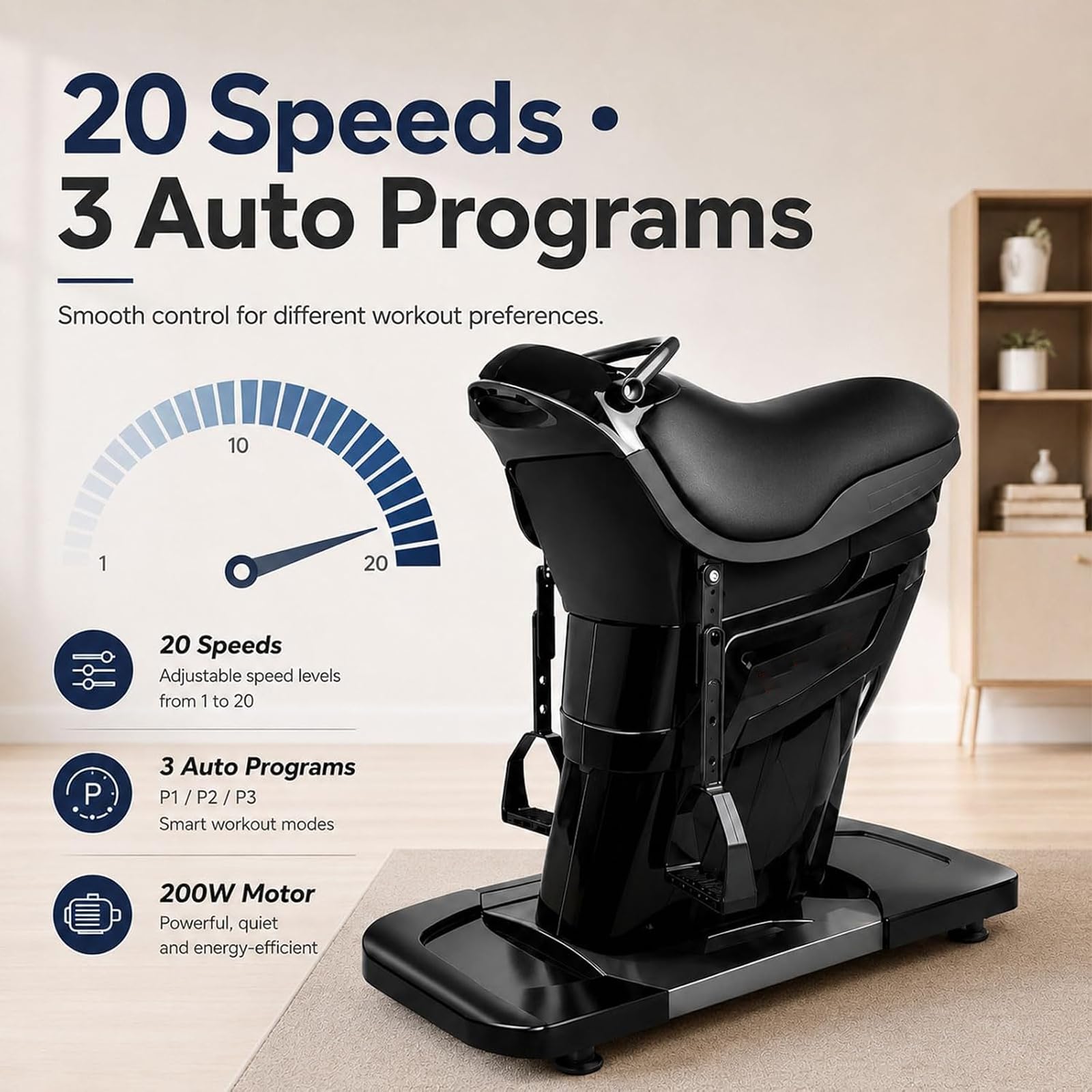 Máquina De Equitación Eléctrica, 200 W, Simulador De Equitación 3D para Interiores, Capacidad De 150 Kg, con Función Bluetooth, 20 Velocidades, Monitor De Calorías, Equipo De Fitness.