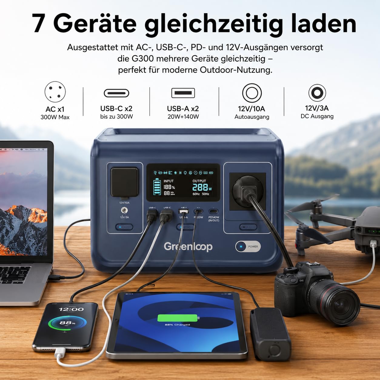 Greenloop Powerstation 300W (600W Spitze), 288Wh mit EVE LiFePO4 Zellen, Solar Generator mit 230V Steckdose, USV 10ms, USB-C PD140W, 7 Anschlüsse -– Tragbare Notstromversorgung für Camping