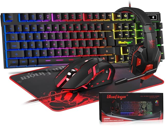 BlueFinger RGB Gaming Keyboard and Backlit Mouse and Headset Combo, USB Wired Backlit Keyboard, LED Gaming Mouse Set, Headset with Microphone for Laptop PC Computer Game and Work, Black