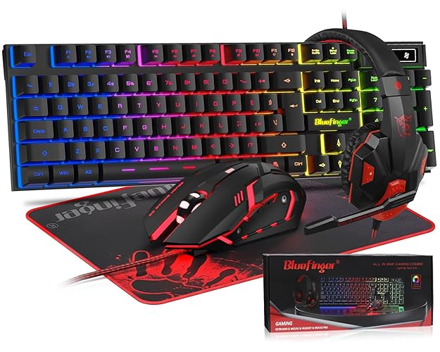 BlueFinger RGB Gaming Keyboard and Backlit Mouse and Headset Combo, USB Wired Backlit Keyboard, LED Gaming Mouse Set, Headset with Microphone for Laptop PC Computer Game and Work