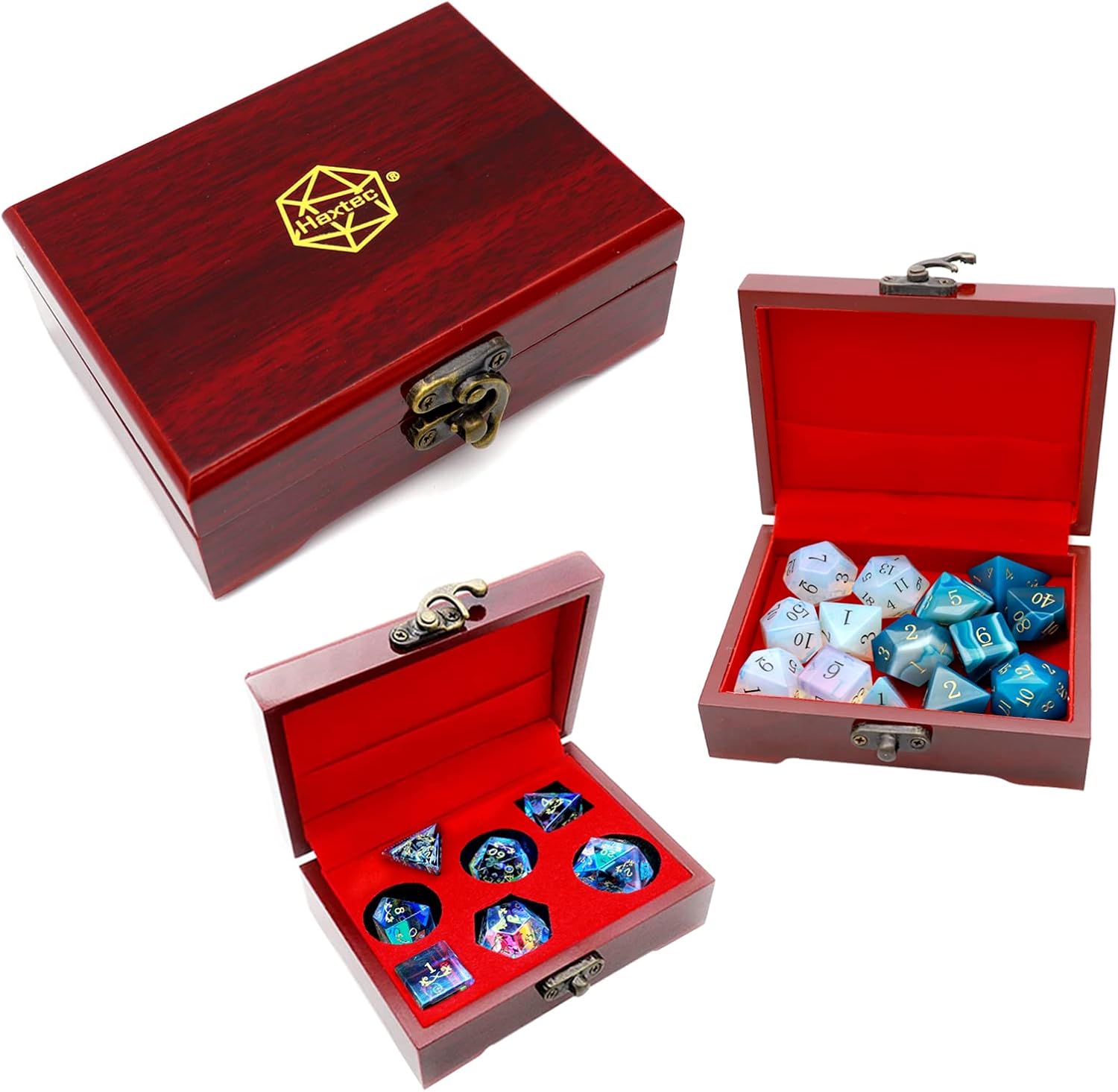 Haxtec Mystery Gemstone DND Dice Set with Wood Dice Case DND Gifts for Players Dual-Purpose Wooden Dice Box with Stone D&D Dice Set TTRPG Accessories