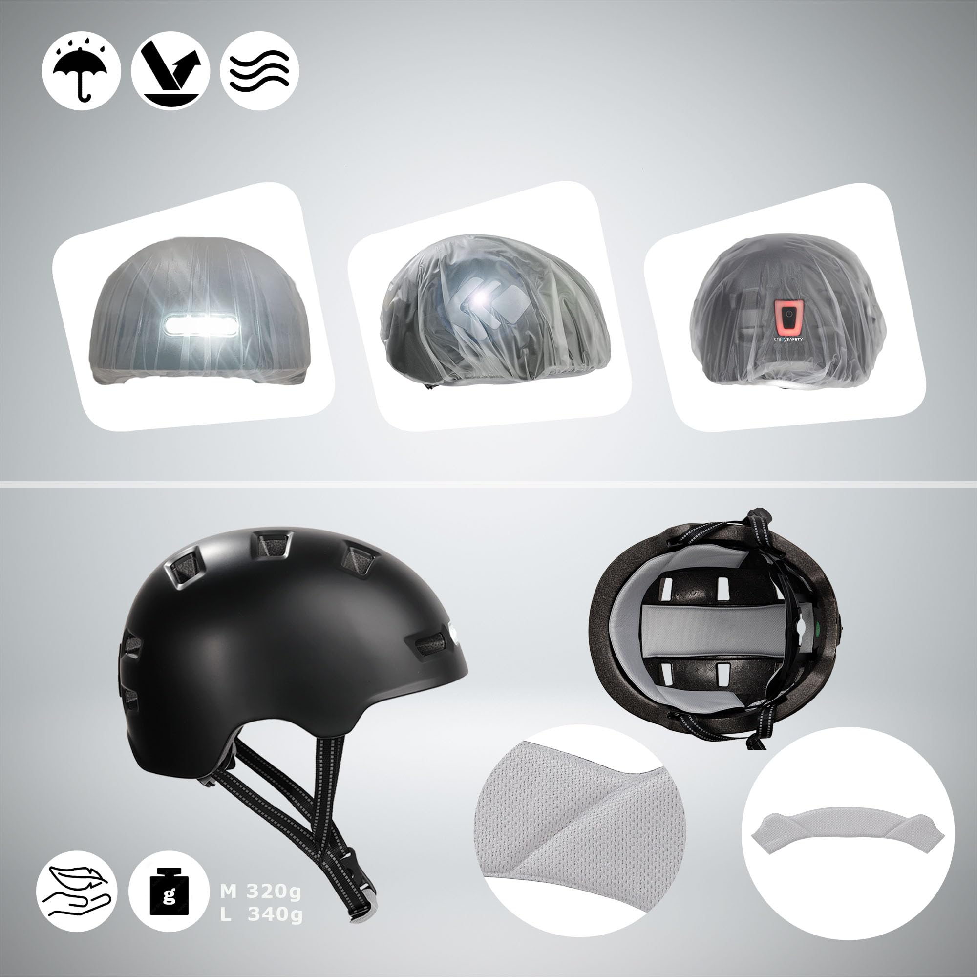 Crazy Safety Vertigo Casco da Città Nero per Bici con Luce USB Anteriore e Posteriore | Casco da Bici, Skateboard, Pattini, BMX | Casco da Monopattino per Uomo e Donna | M 54-57 cm