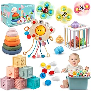 6 in 1 Baby Toys 6 to12-18 Months, Stacking Building Blocks Infant Toys, Pull String Baby Teething Toys3-6-9-12 M+, Color Shape Bin Sensory Toys, Montessori Toys for 1-3 Year Old Boy and Girl Gift
