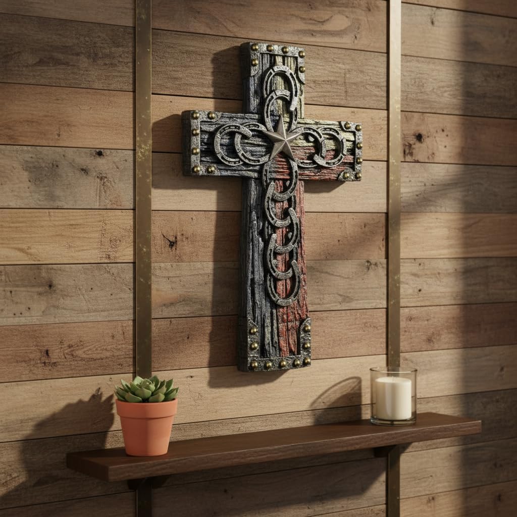 Comfy Hour 13" Wall Cross, Decorative Horseshoe Cross Wall Decor with Antique Silver Star, Western Style Faux Wood Religious Plaque, Artisan Crafted Resin Sculpture, Natural Brown, 1 Unit