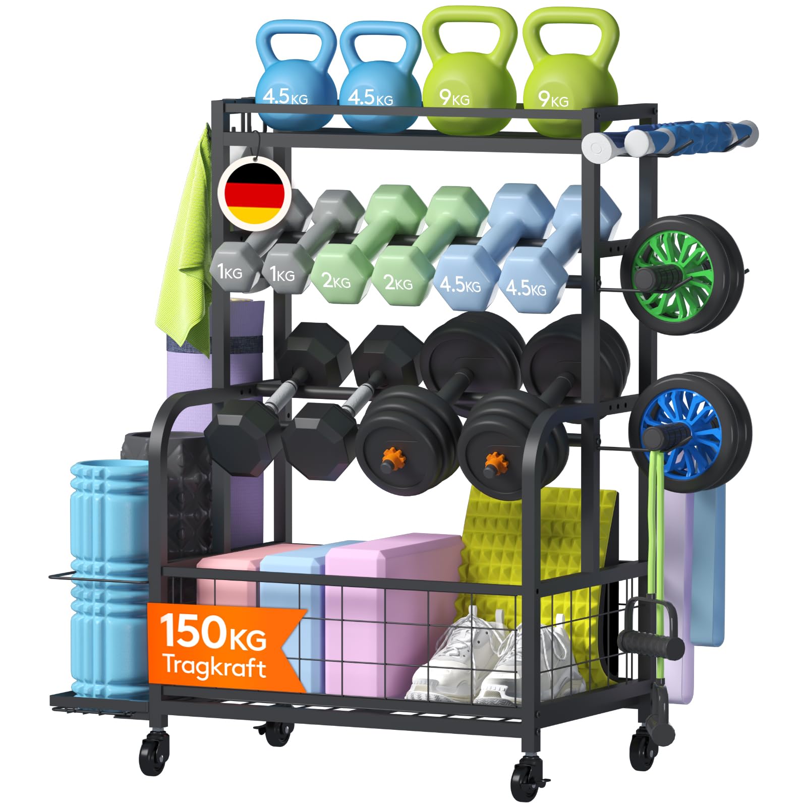 Lifewit Hantelständer für Home Gym, Hantelablage mit Abschließbare Universal-Räder und Haken, Kettlebell Rack, Yoga-Mattenhalter, Hantelregal für Krafttraining, Gewichtsregal für Haus, Garage, Mittel
