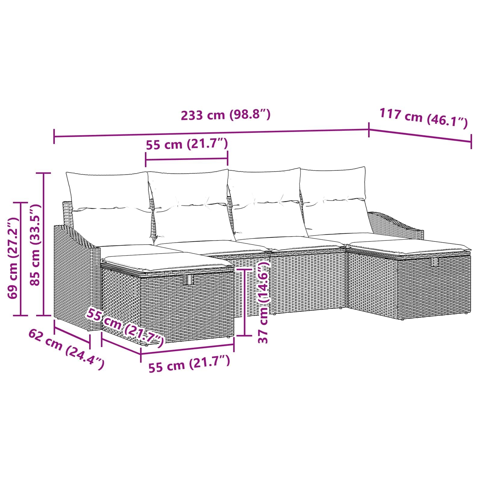 Ensemble de Canapé de Jardin 6 Pièces en Résine Tressée Noire, Salon de Jardin Modulable avec Coussins Amovibles pour Terrasse et Extérieur, Sièges d'angle et Repose-Pieds