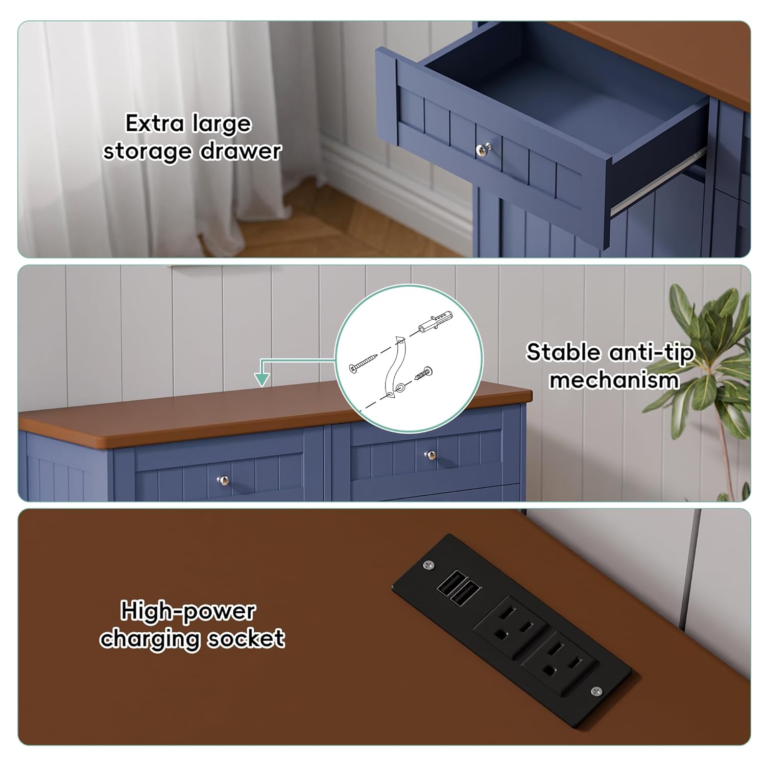 Betterhood Double Tilt Out Trash Cabinet with Power Outlet, 10 Gallon Trash Cabinet with Storage,Pet Proof Trash Can with 2 AC & USB Sockets for Kitchen,Living Room (Blue, Double Door)