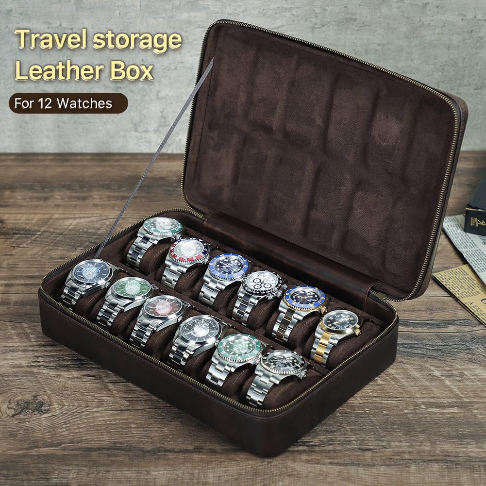 Contacts Crazy Horse - Scatola portaoggetti per orologi, in pelle, grande capacità, da viaggio, con cerniera, organizer per collezionisti (caffè scuro, 12 scomparti)