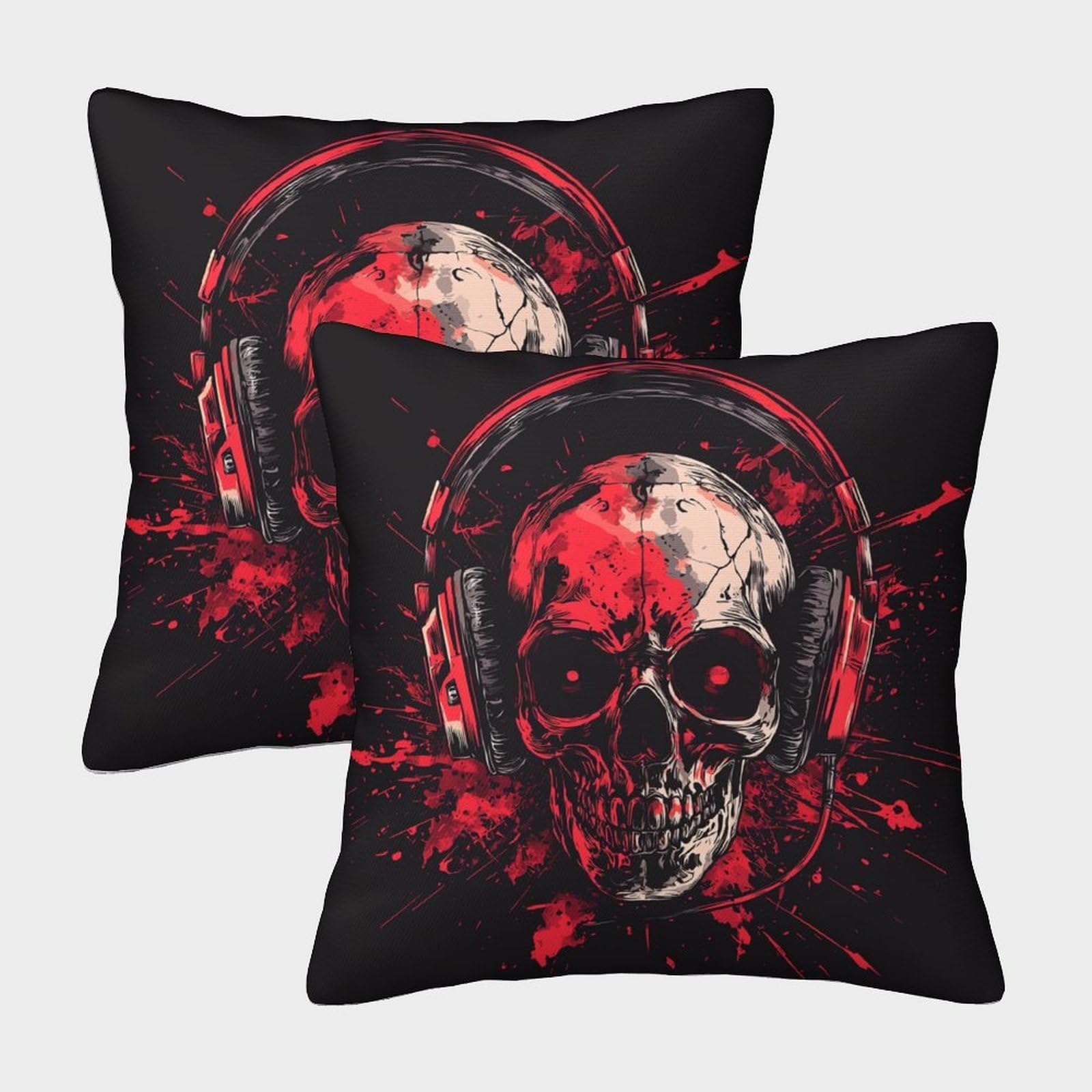 kaiyun 2 Pack Black Background,skull with Headphones Square Pillow Cover Cushion Cover 40x40cm Suitable for Sofa Bed Chair,3D Pattern