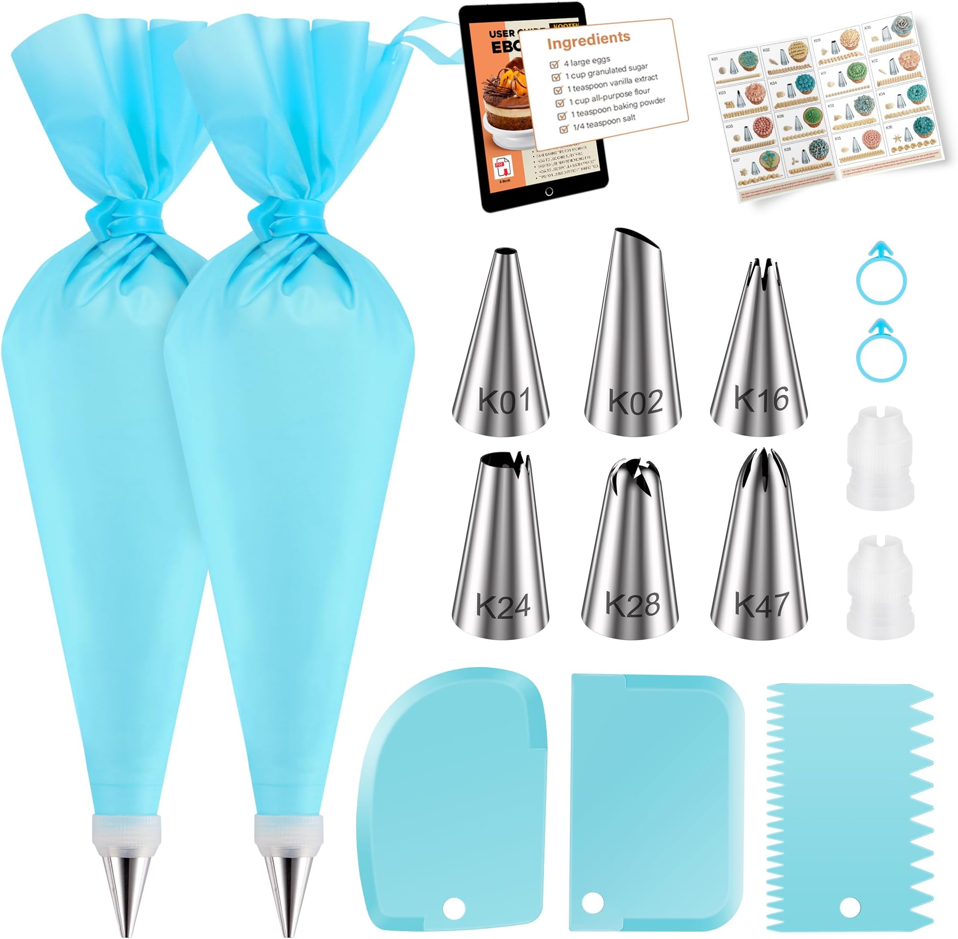 Kootek 15Pcs Piping Bags and Tips Set with Ebook, Frosting Piping Kit with 6 Icing Tips, 2 Pastry Bags, 2 Couplers, 2 Bag Ties, 3 Cake Scrapers, Cake Decorating Supplies for Cupcake, Cookie, Baking