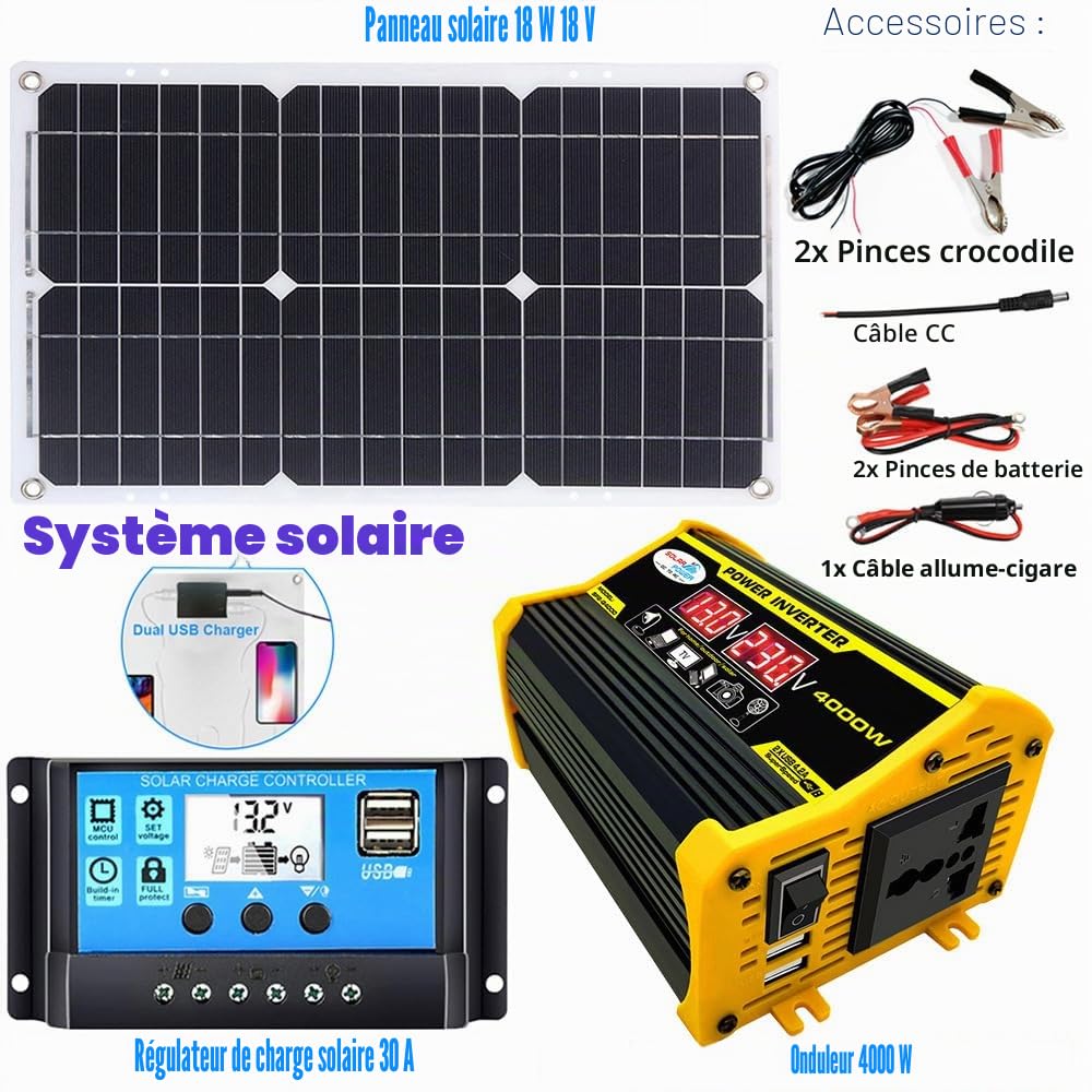 Kit de panneaux solaires, Kit de panneaux solaires 3000W avec onduleur, Contrôleur de charge solaire 18W 12V 30A, Complet avec onduleur solaire pour batteries extérieures non incluses (A)