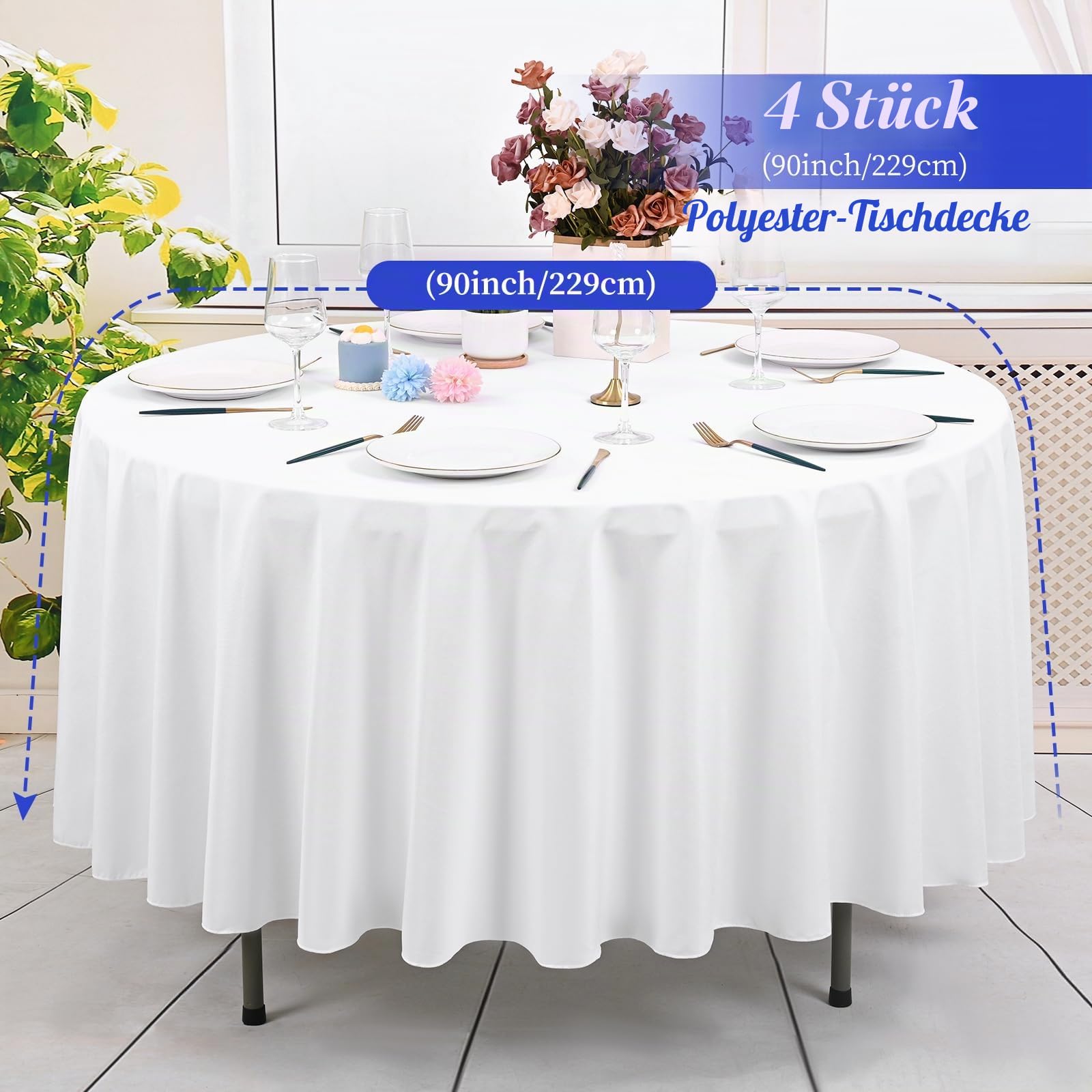 4 Stück Tischdecke Weiß, 229 cm Tischdecken, Wasserabweisend Polyester Weiße Tischdecke für Runde Tische, Wasserabweisend Tischdecke Rund für Party, Hochzeit, Essen