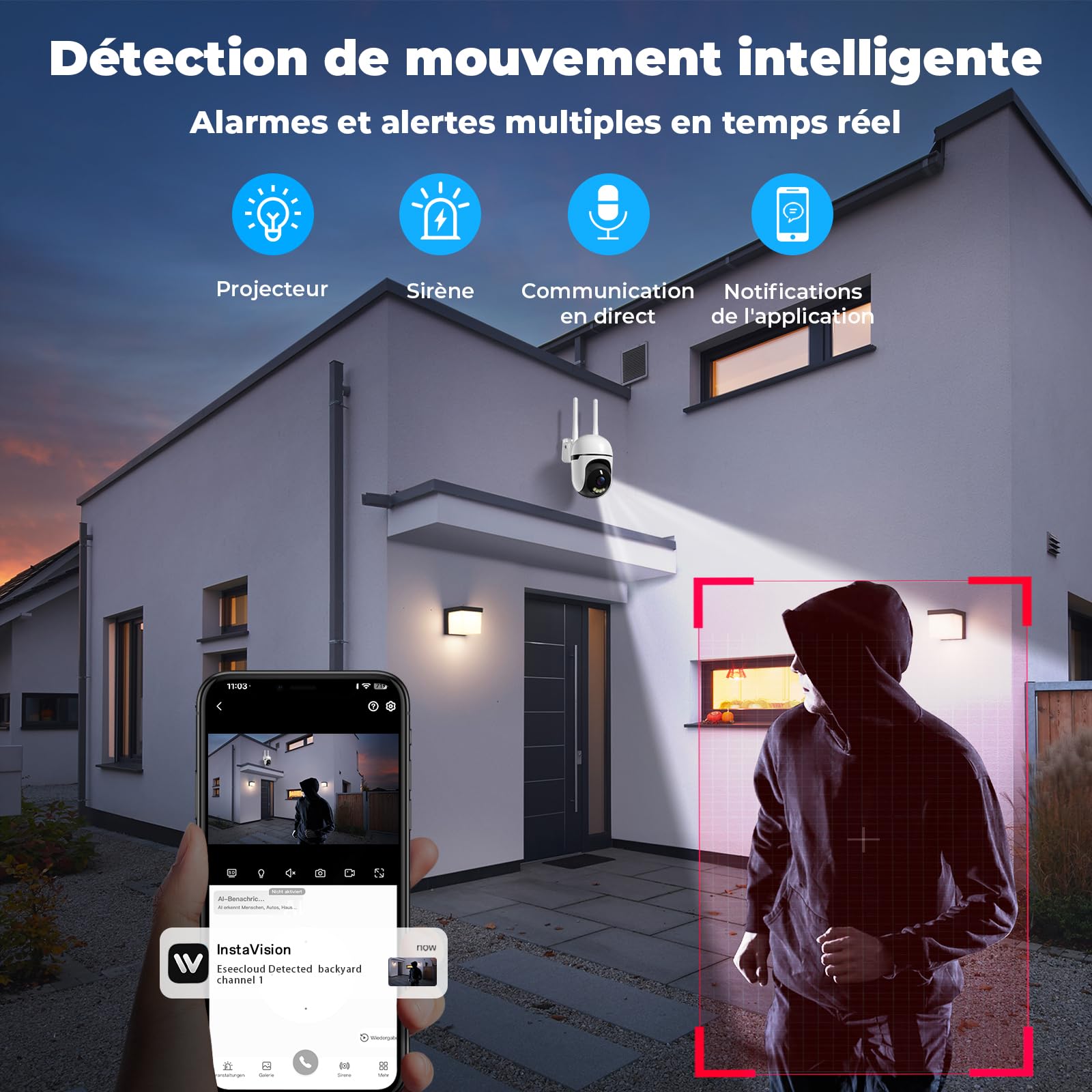 WESECUU 2K Caméra Surveillance WiFi Extérieure, Suivi Auto 360° Caméra IP Compatible avec 2.4Ghz/5Ghz, Vision Nocturne Couleur, Détection Humaine, Audio Bidirectionnel, Enregistrement 24H