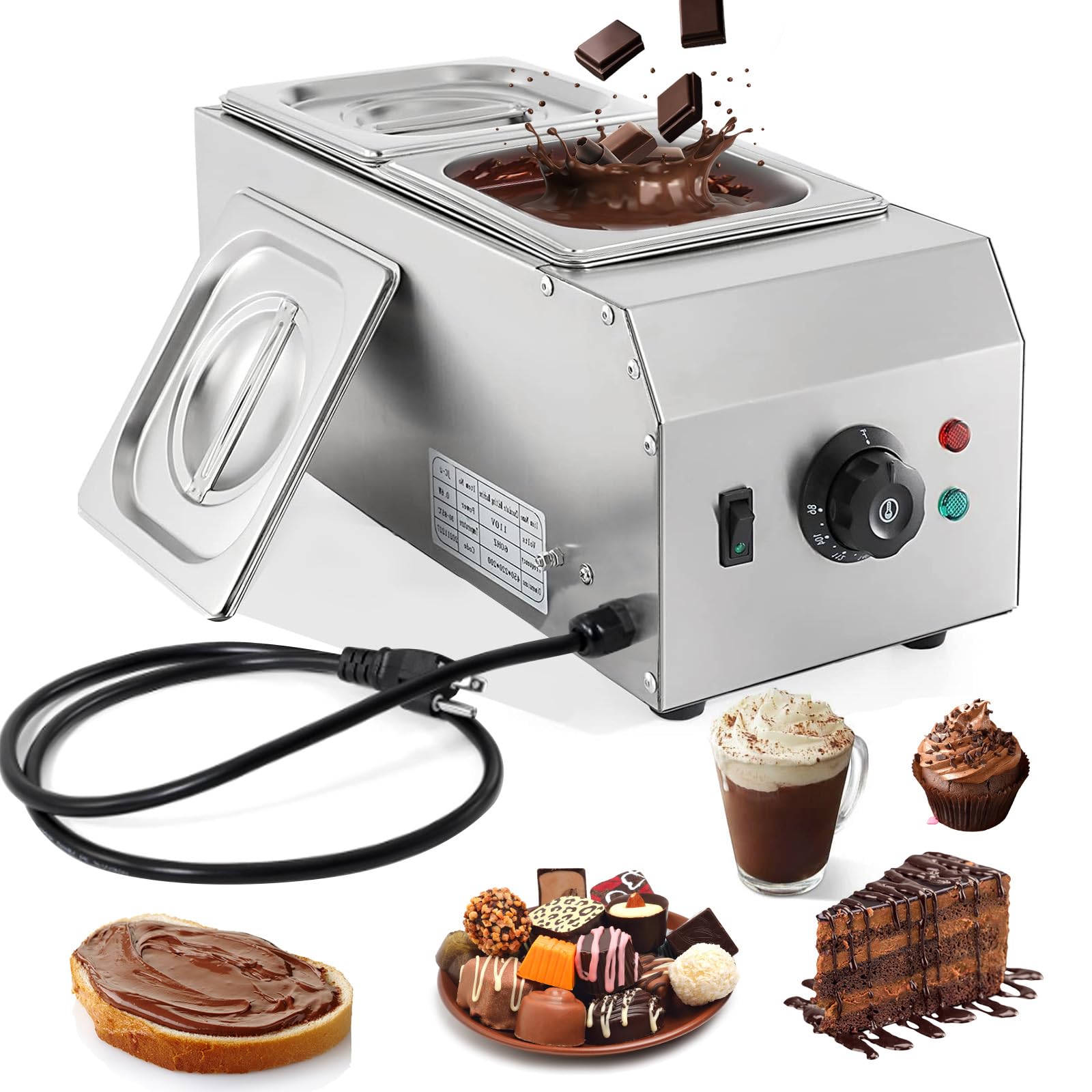 9 Lbs 2 Tanks Chocolate Tempering Machine Chocolate Melter, Chocolate Melting Pot with TEMP Control 86~185?, 1000W Stainless Steel Electric Commercial Chocolate Warmer and Melter