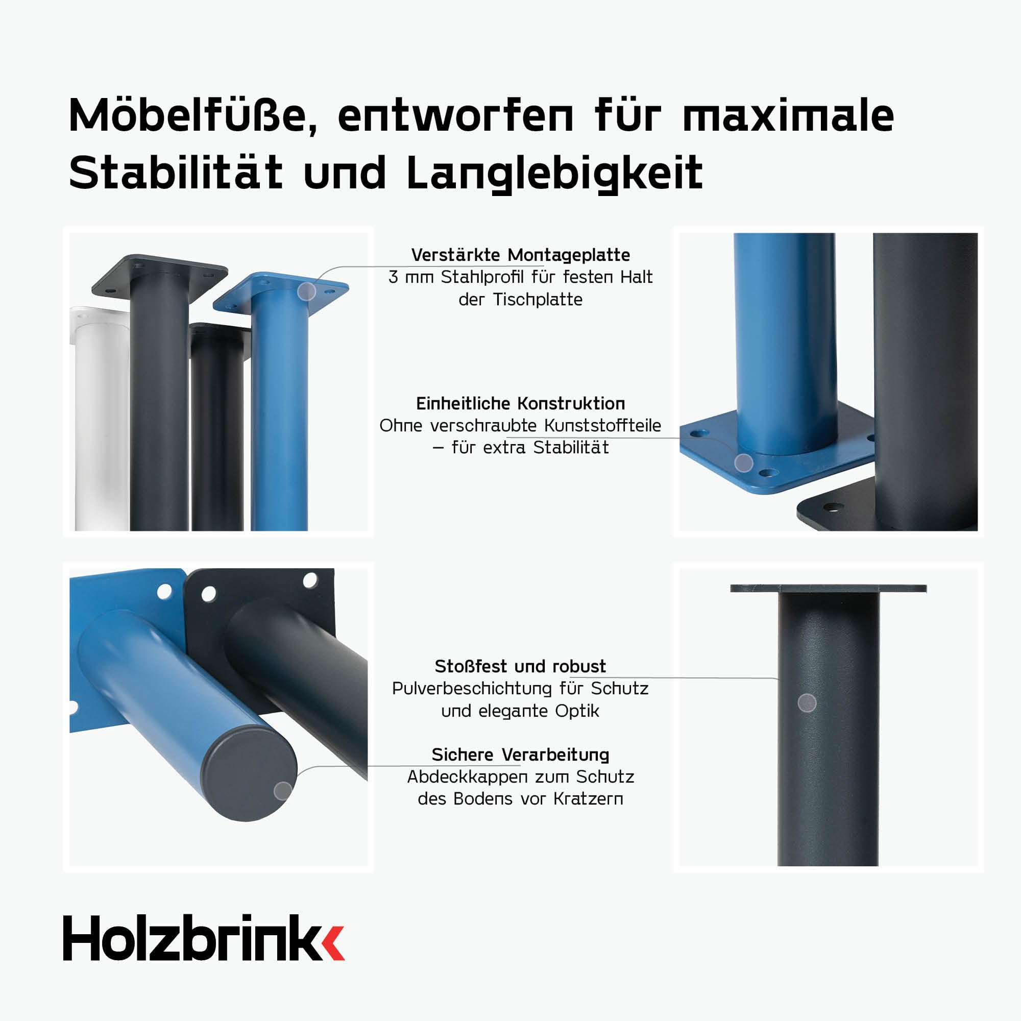HOLZBRINK Tischbeine Metall Schwarz - Tischkufen für Esstisch & Schreibtisch - Stahl Tischgestell Industrial - Möbelbeine DIY für Couchtisch, Küchentisch & Arbeitstisch - Modell: HLT-14C