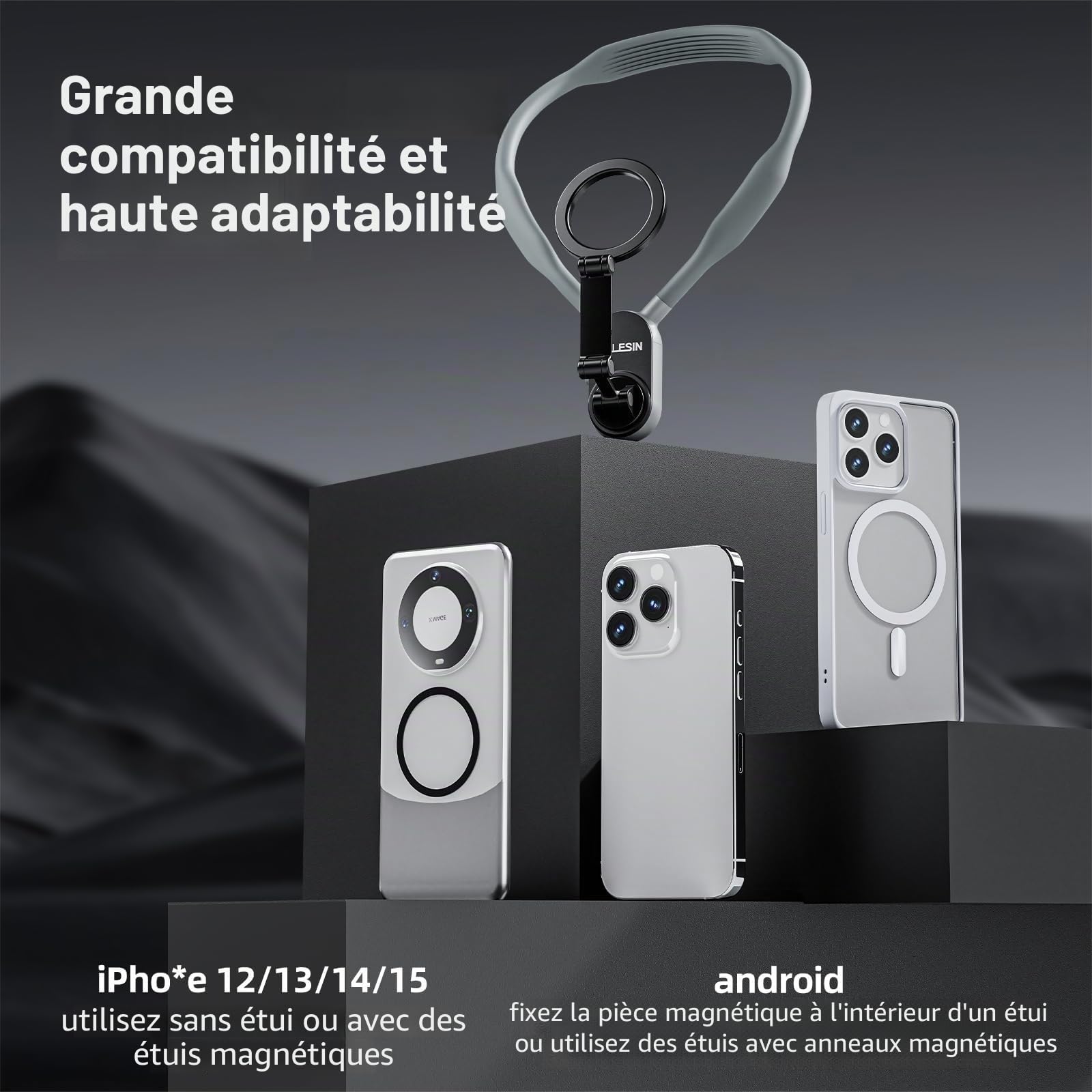 TELESIN POV/Vlog Support Magnétique pour Cou Téléphone Portable, Support de Cou Magnétique, Support de Cou pour téléphone pour la Prise de Vue Vidéo pour iPhone 15 14 13 12 Téléphones Android (Gris)