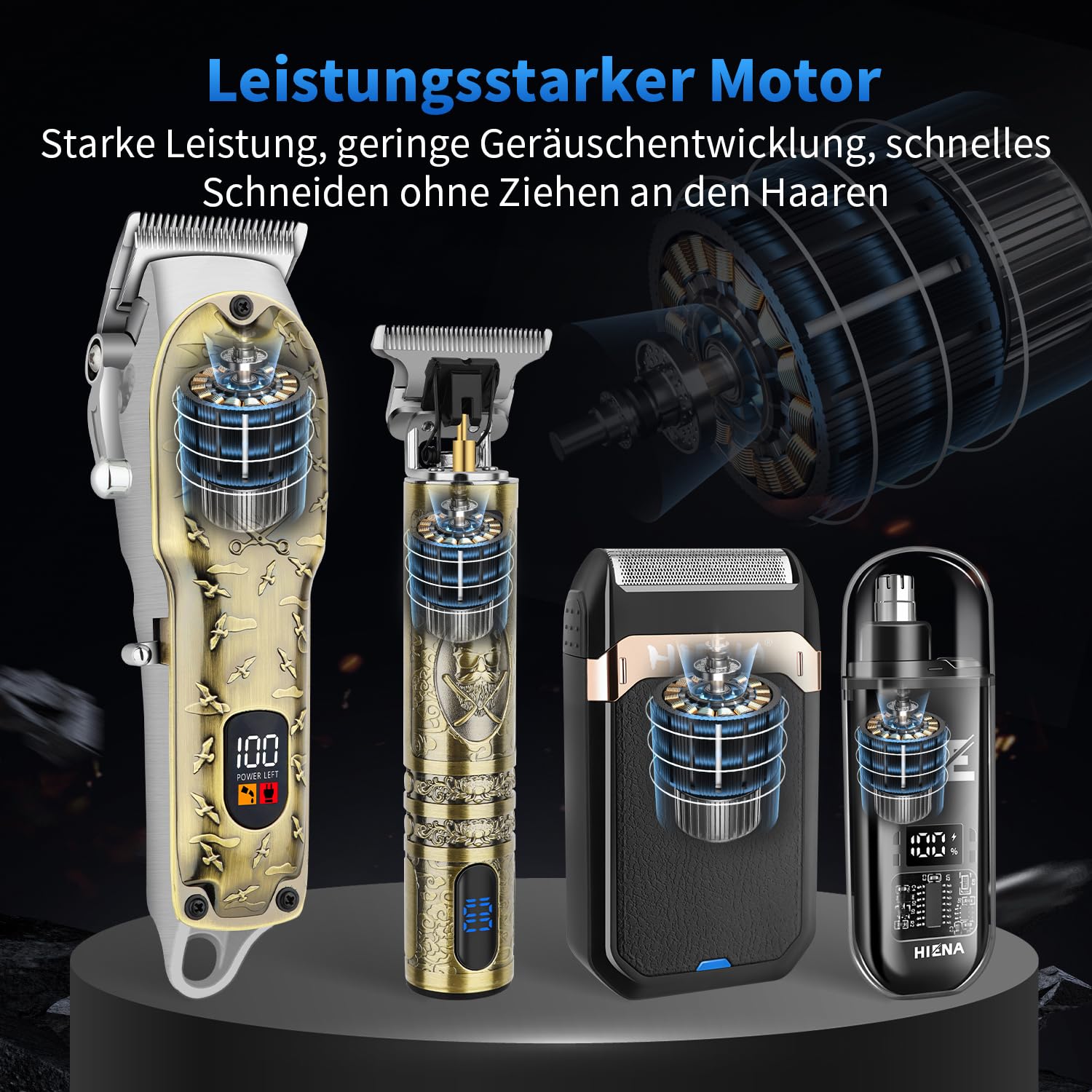 HIENA PRO Profi Haarschneidemaschine für Herren, Schnurloser Haarschneider Bartschneider Folienrasierer Nasentrimmer Set, USB Wiederaufladbares Komplettset Elektrisches Haarschneide-Kit (814 Set)