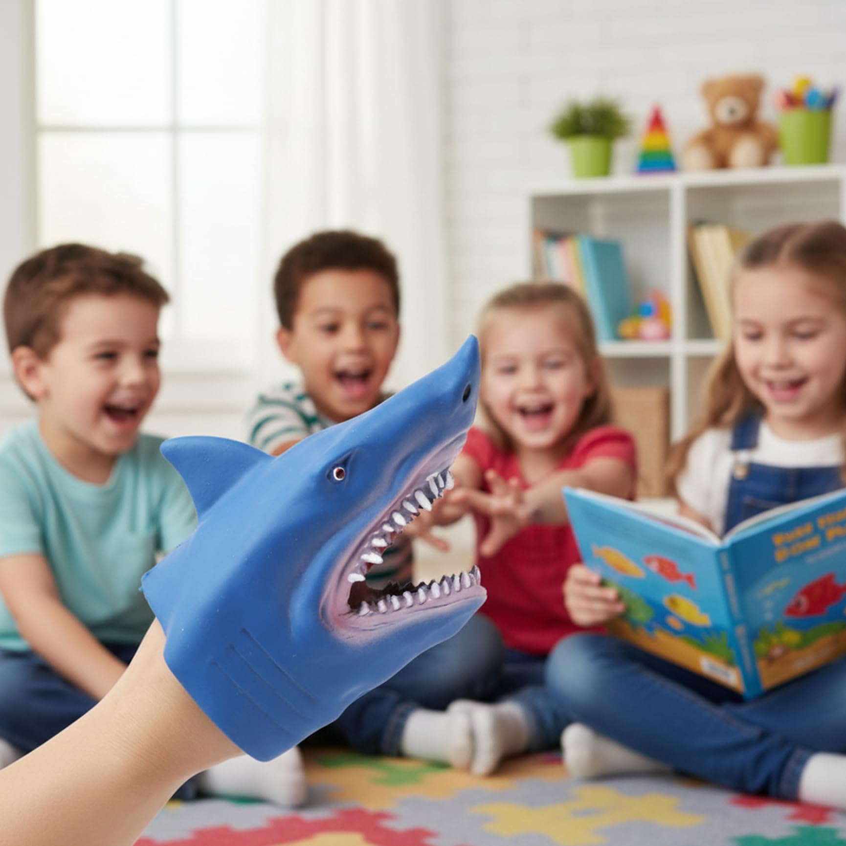 Marionetta a mano con squalo, confezione da 2 burattini realistici a forma di squalo in gomma morbida per giochi di ruolo per bambini, giocattoli interattivi con burattini mano per narrazione di st