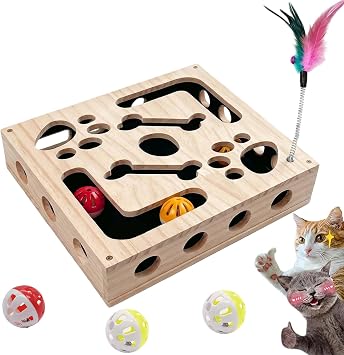 Cat Nail File Scratch Puzzle Box - Interactive Wooden Maze Toy with Sandpaper and 3 Bell Balls and Cat Teaser, Mental Stimulation Scratch Toy Box, Trimming Nails, Kitten Puzzle ToysBone Paw Print