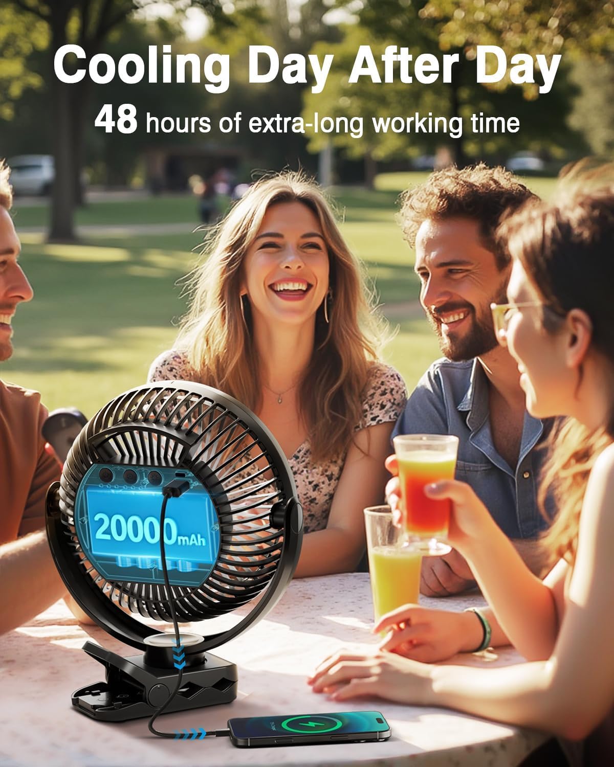 Ventilateur de poussette portable 12 000 mAh avec lumières LED, 60 heures silencieux, fonctionne avec des piles avec pieds de trépied, mini ventilateur USB rechargeable, ventilateur de camping pour
