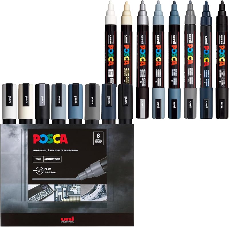 POSCA® PC-5M Paint Markers, 8 Count Monotone Medium Reversible Tip Set