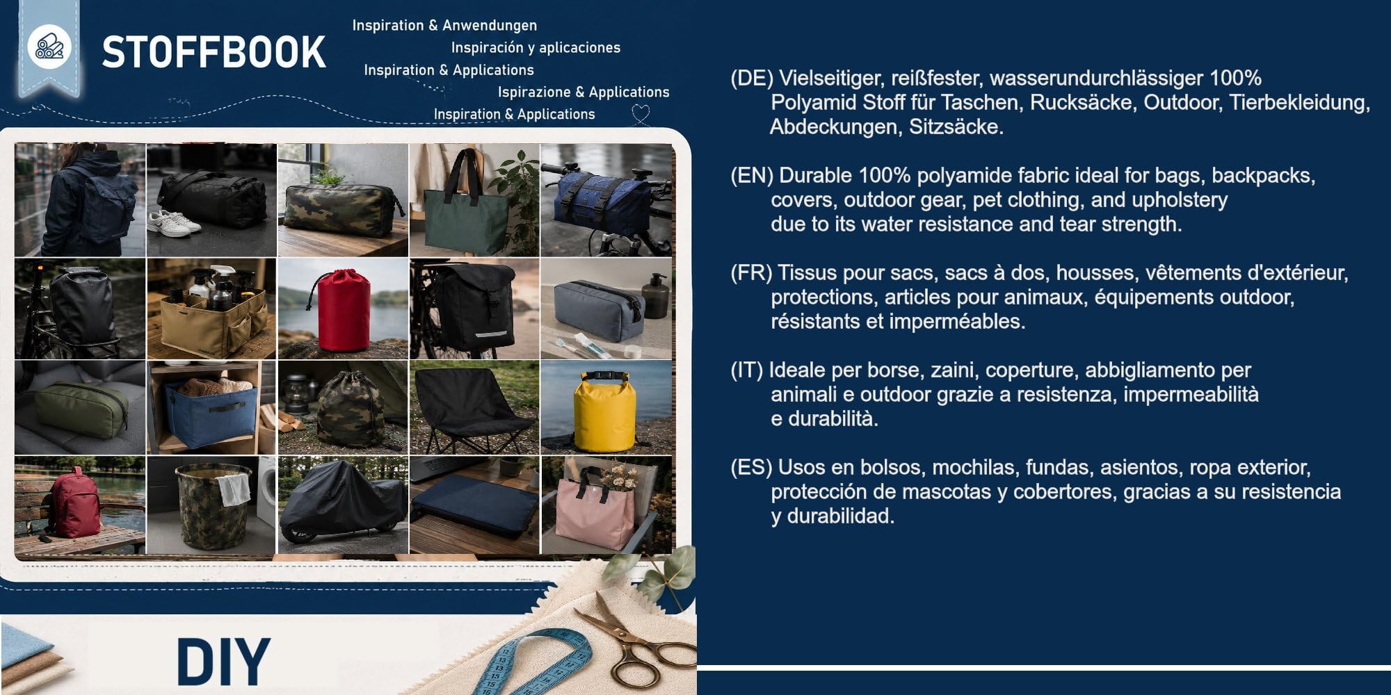 Stoffbook Tela de nailon 600D, 100 x 145 cm, extra resistente, bolsillos (azul oscuro-100 cm)