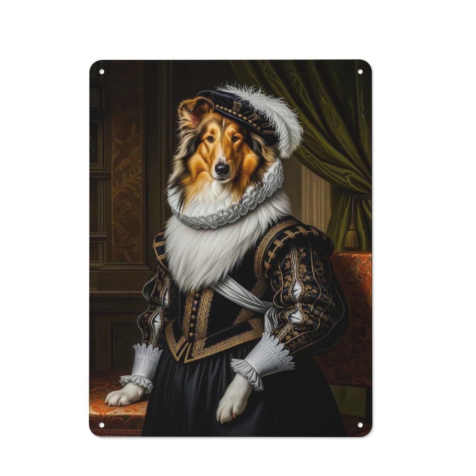 Junmoney Style-23 Retro-Style Tin Sign 40X30cm Featuring Dog Portrait In Renaissance Attire For Hallway Wall, For Garage, Workshop And Man Cave Decoration