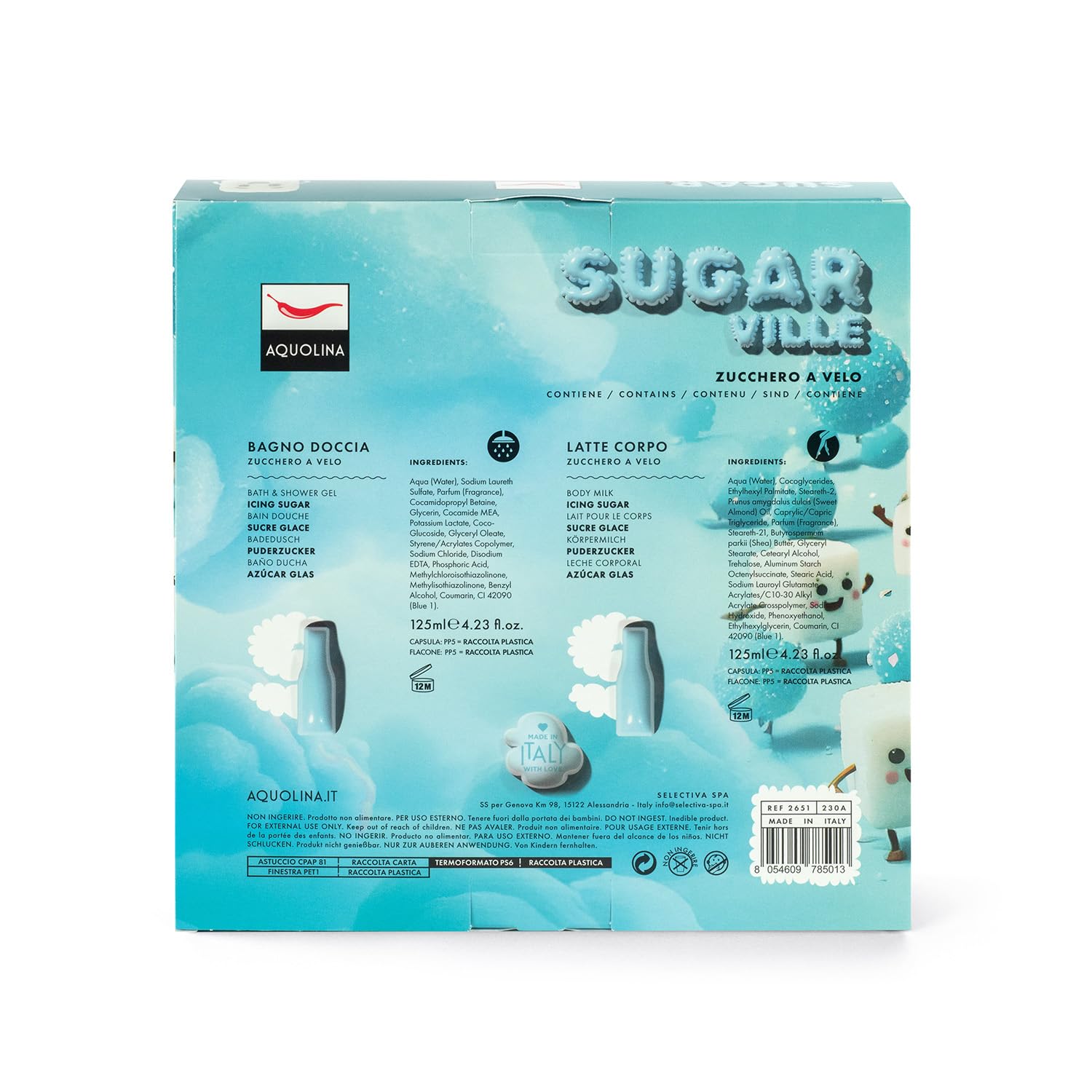 Aquolina Cofanetto Zucchero a Velo – SUGAR VILLE – Bagno Doccia 125 ml + Latte Corpo 125 ml – Set Profumato Idratante Made in Italy
