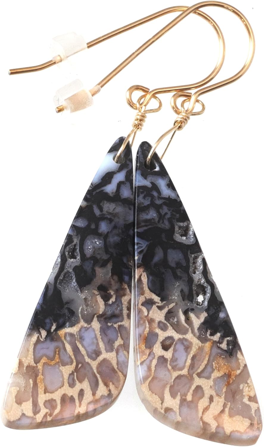 Jasper Palm Root Earrings Smooth Long Teardrops Black Cream Triangle 2 Inch