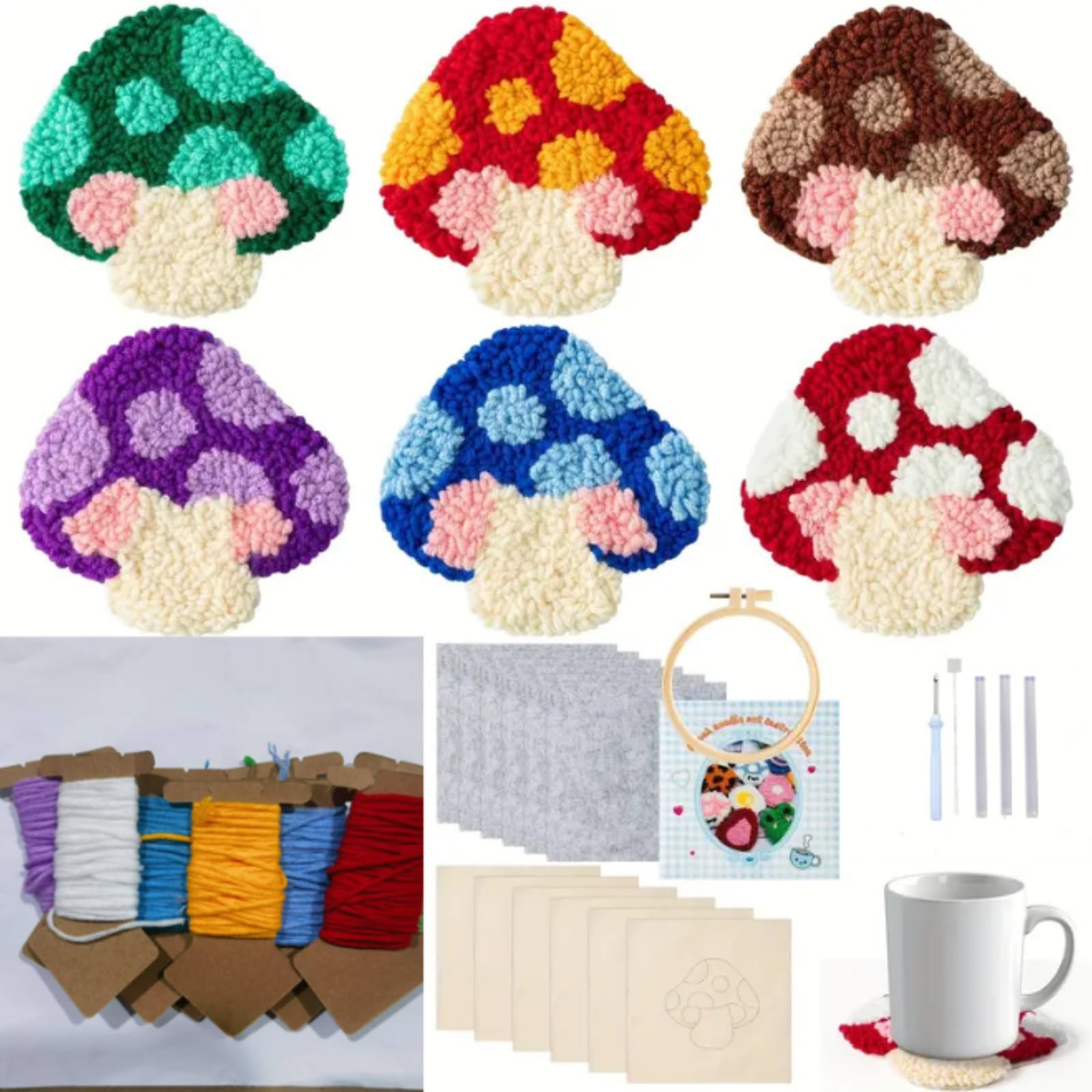 Binwat Punch Needle Coaster Kit,Easy Punch Needle DIY Embroidery Set with Tools, Yarns, Hoop, Instructions Easy for Beginners, Kids, Adults, Handmade Gift and Decoration (Mushroom)