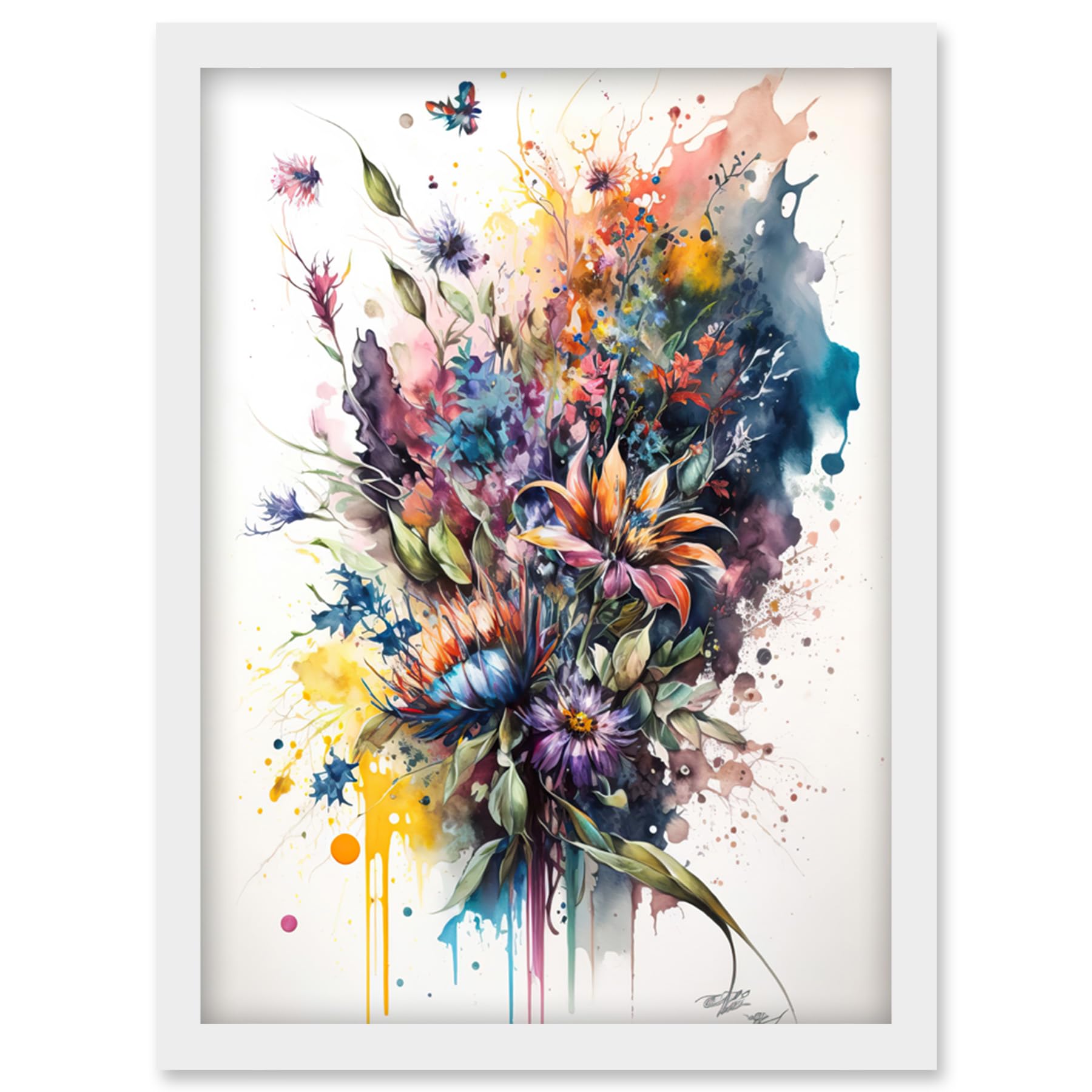 Artery8 Flower Bouquet Illustration over Watercolour Splat Artwork Framed Wall Art Print A4