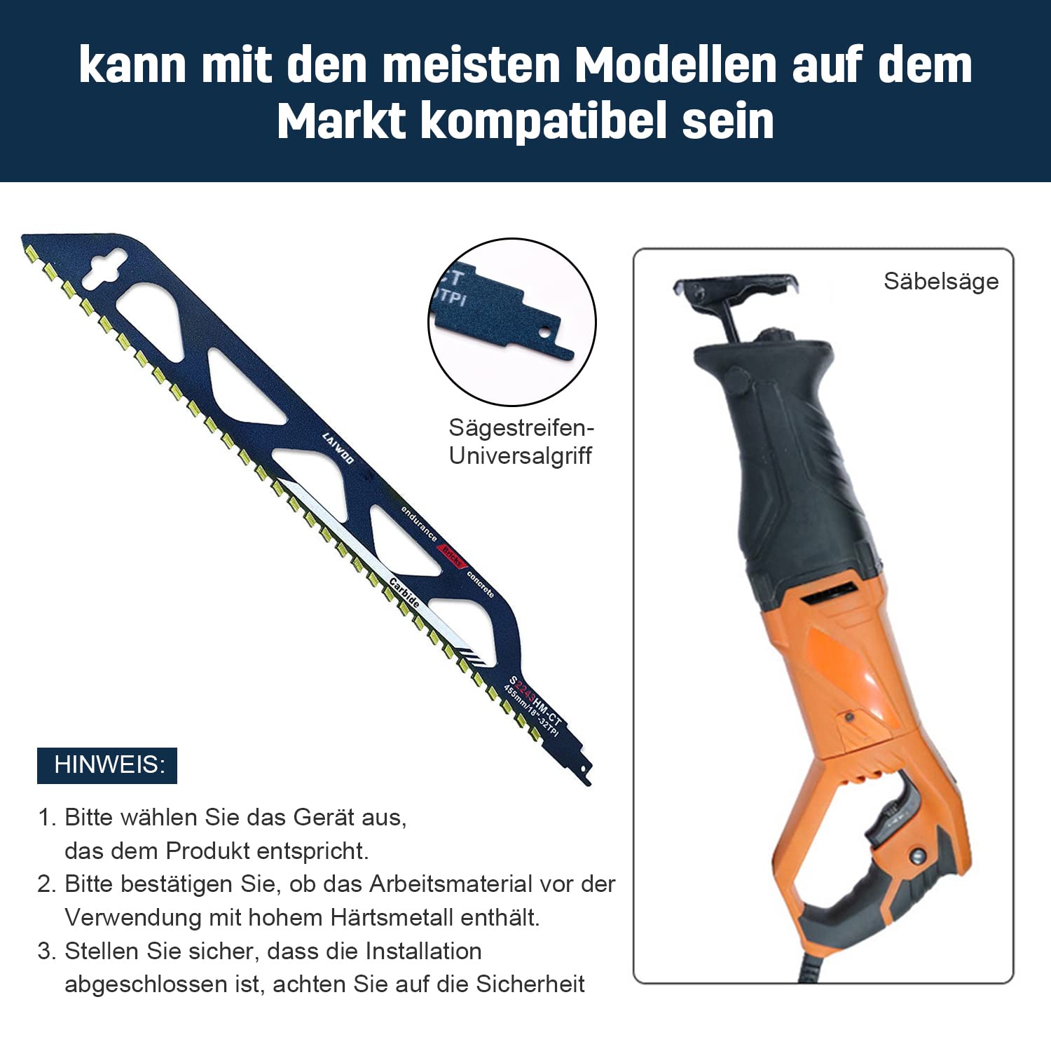 LAIWOO Lama per Sega a Gattuccio, Sega a Mano, Lama in Metallo Duro, Accessori per Sega a Sciabola per il Taglio di Calcestruzzo Poroso per Einhell, Dewalt, Bosch, Makita (455MM-2)