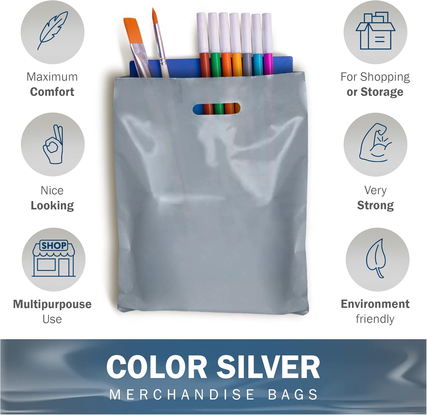 Silver Merchandise Plastic Shopping Bags - 100 Pack 9" x 12" with 2 mil Thick - Die Cut Handles - Perfect for Retail, Party Favors, Birthdays, Goodie Bags - Color Silver - Recyclable - Image 4