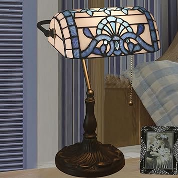 Banker Lamp, Tiffany Office Desk Lamp, Green Blue Baroque Style Stained Glass Table Lamp, 15" Tall Luxury Memory Adjustable Reading Piano Lamp for Living Room Bedroom Library,Blue