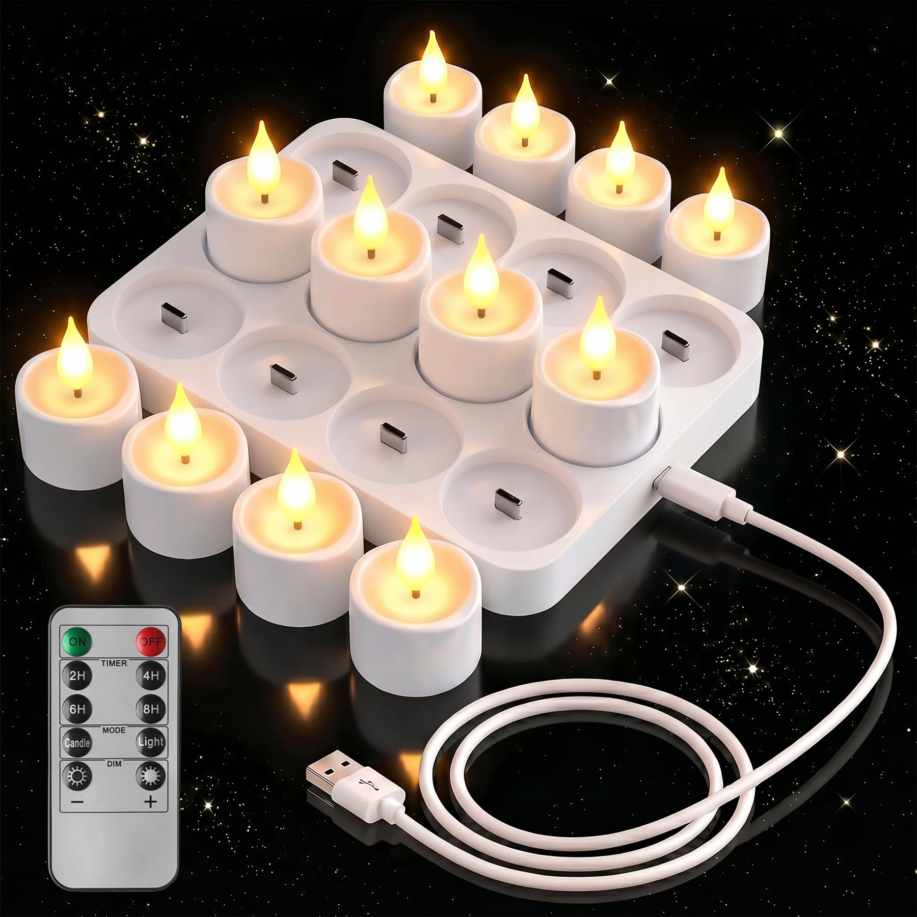 sylvwin 12 Stück Wiederaufladbare LED Kerzen, LED Teelichter mit Fernbedienung Timer, Warmweiß Dimmbar Elektrische Kerzen mit Ladestation für Hochzeiten Party Zimmer Wohnzimmer Weihnachten Deko