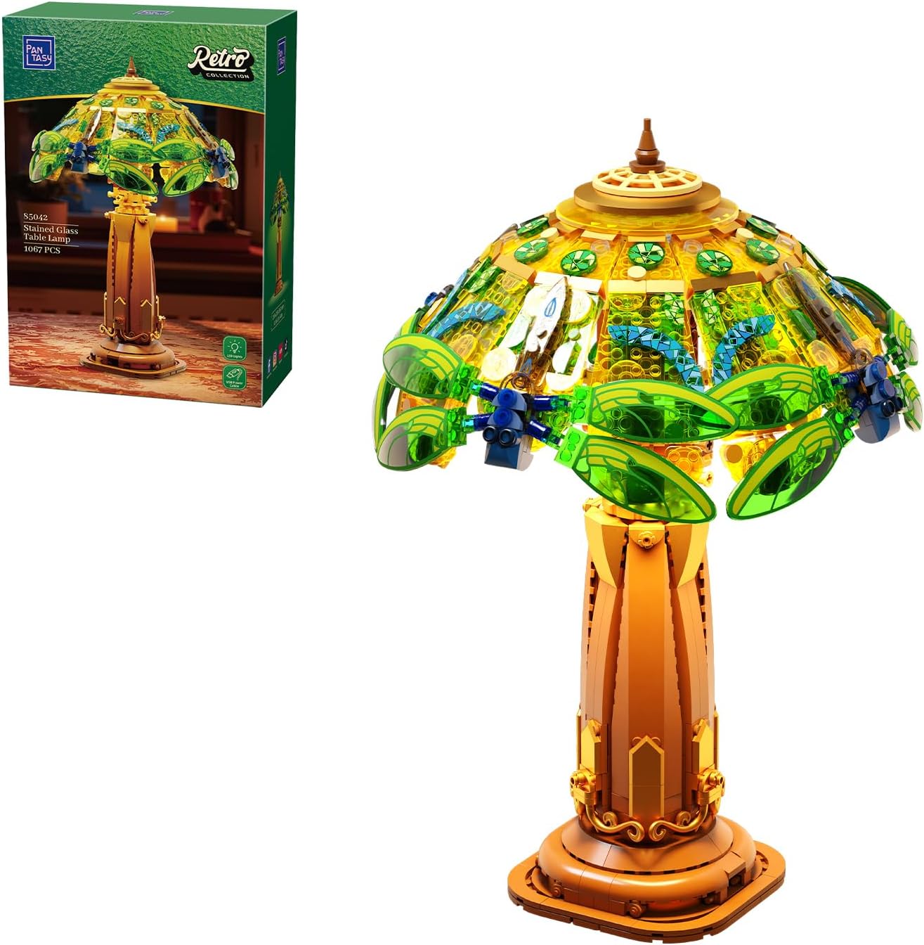 PANTASY Vintage Style Table Lamp Bricks Set, Stained Glass Lamp Building Block Set, Dragonfly Floral Table Lamp, Retro Art Desk Night Light with LED, USB-C Powered for Adult Home Decor Collection Gift
