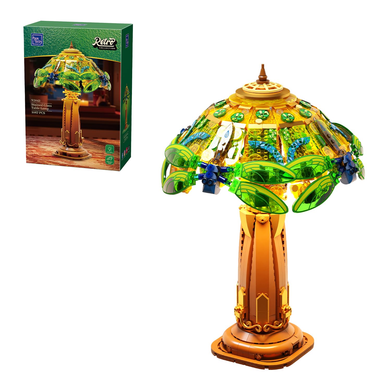 PAN TASY LED Table Lamp Building Blocks Set, Stained Glass Style Vintage Desk Lamp to Build with Dragonfly & Floral Design, USB-C Powered Night Light, Home Decor Gift for Adults