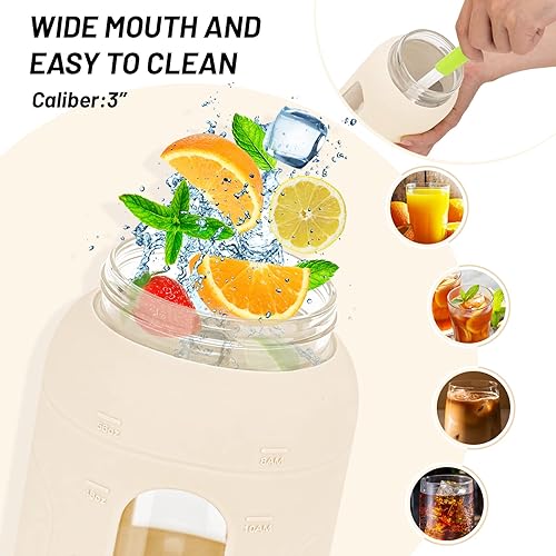 Miniatura 2 de Tronco Botellas de agua de vidrio de 64 onzas con tapa de popote y marcador de tiempo, botella de agua motivacional grande de medio galón con funda