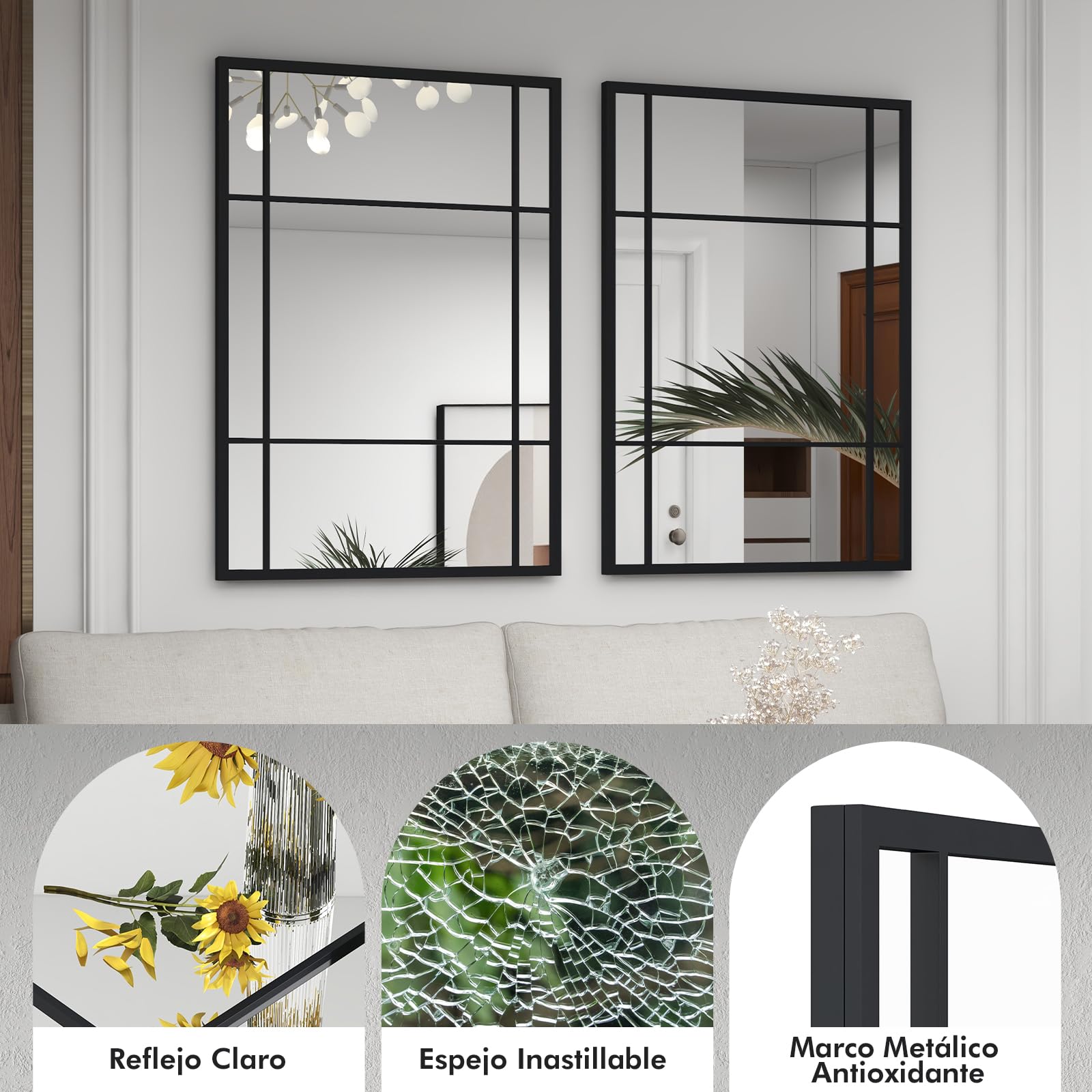 COSTWAY Espejos de Pared de 100 x 70 cm, Espejo Decorativo para Pared con Marco de Metal, Espejo Ventana Rectangular de Alumnio para Recibidor, Entrada, Sala de Estar, Dormitorio, Marco Negro