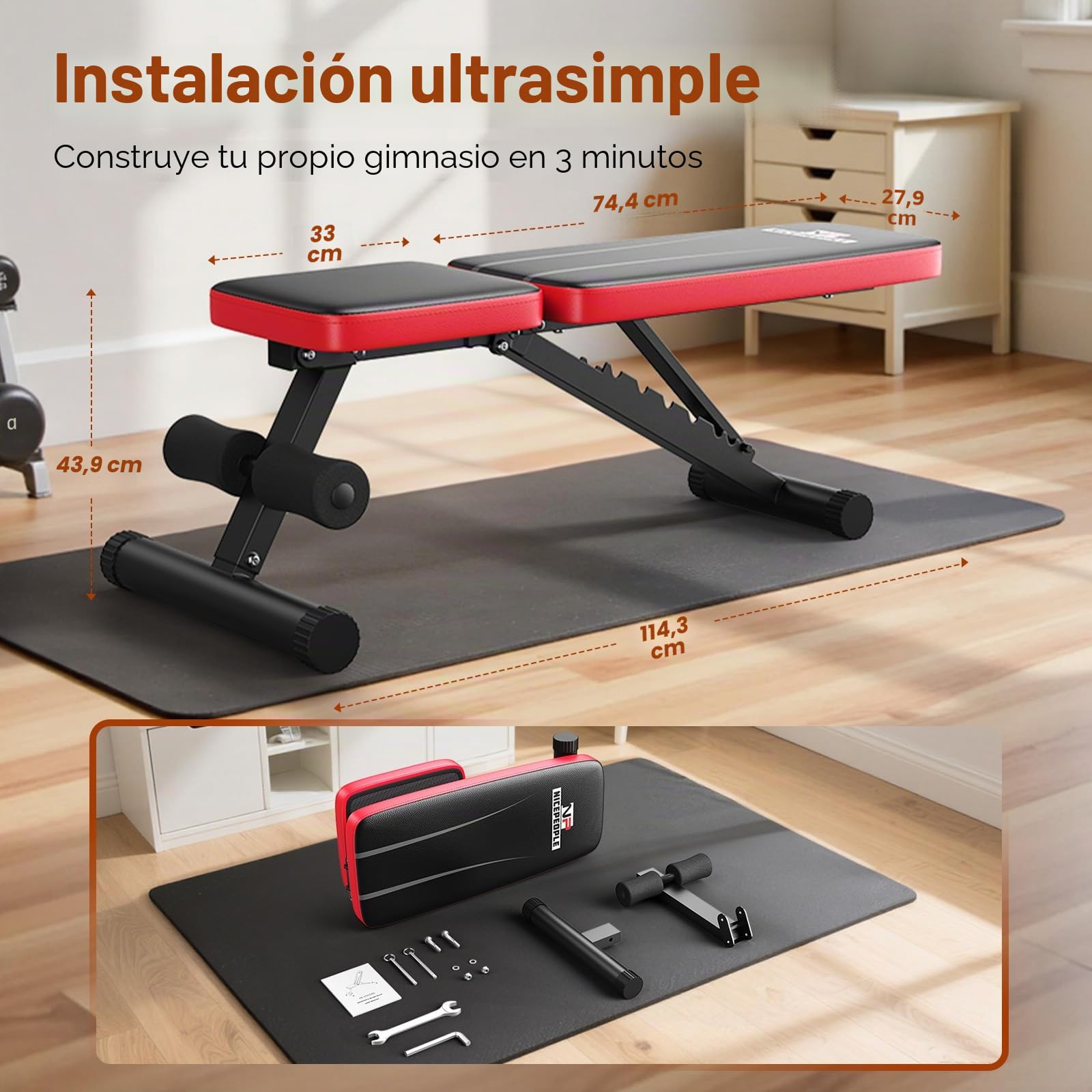 Nicepeople - Banco de pesas ajustable para gimnasio en casa, banco de entrenamiento con capacidad de 300 kg y 8 respaldos para pecho, hombros y brazos, banco de fuerza compacto y plegable para