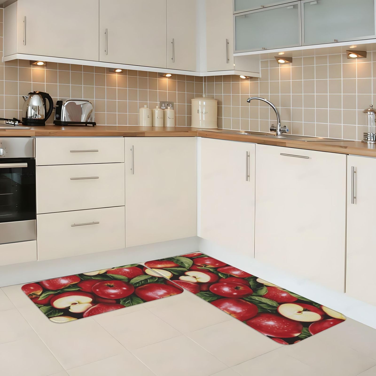 Apples Fruit Kitchen Rug Mats for Floor Sets of 2 Anti Fatigue Cushioned Floor Mats Non-Slip Kitchen Sink Mat Washable Area Rugs for Home 17"x29.5"+17"x47.2"