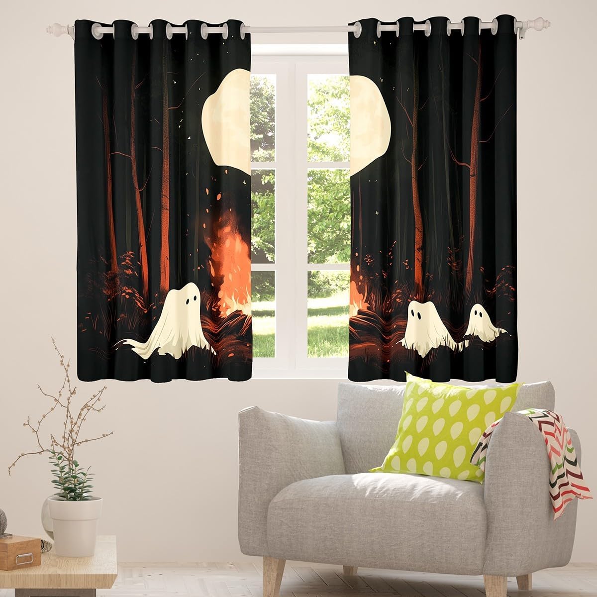 Manfei Rustic Ghsots Curtains,Kids Adults Teens Room Decor Halloween Jungle Gothic Night Boys Girls Window Treatment Curtain,Wild Trees Campfire Window Drapes,Top 2 Panel,38Wx45L