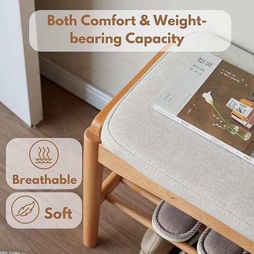 Miniatura 5 de Banco pequeño de almacenamiento de zapatos de madera maciza, banco moderno para zapatos con cojín suave, organizador de entrada y espacios pequeños